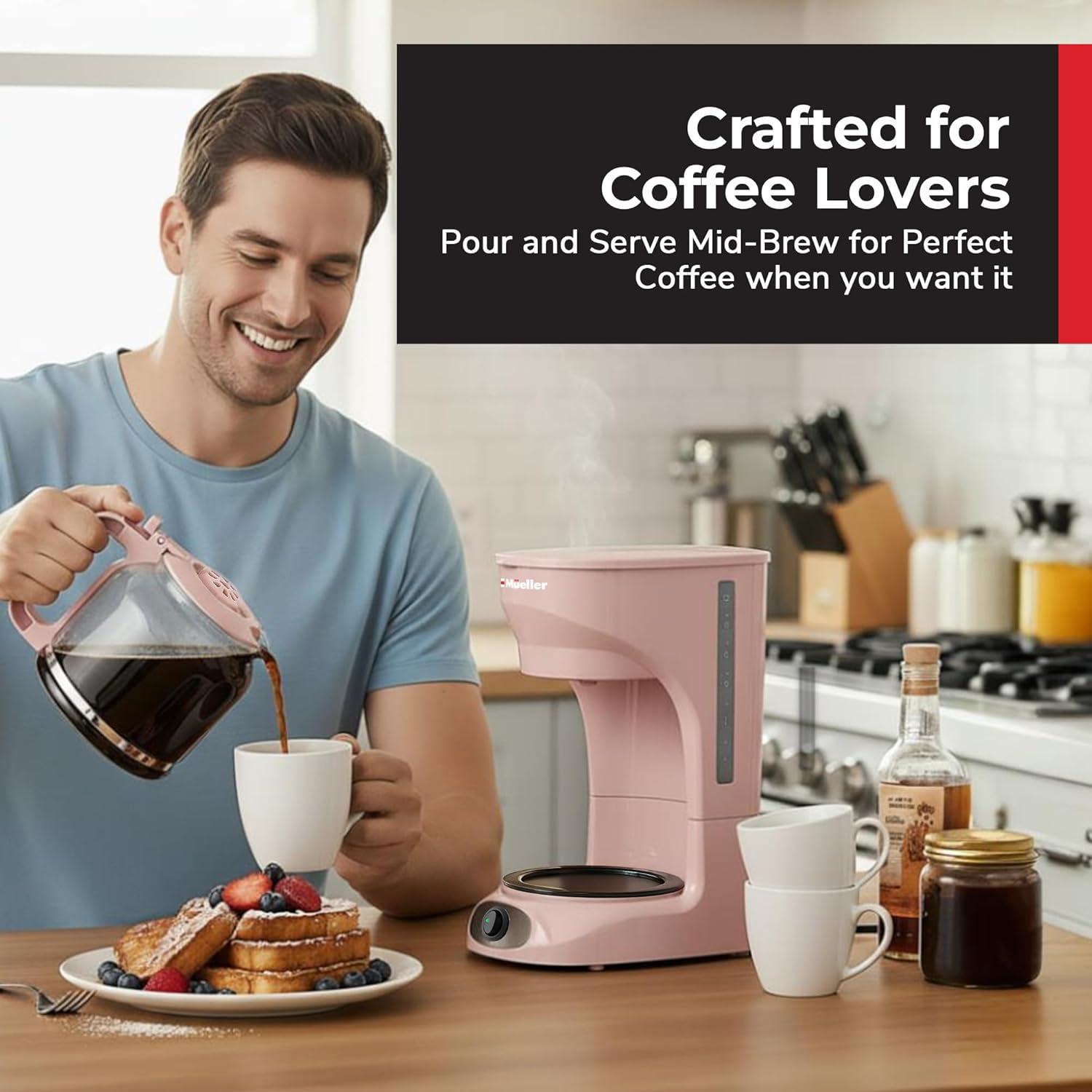 image:imageMUELLER HOME 12Cup Red Coffee Maker  Perfect for Home or Office Borosilicate Carafe AutoOff Reusable Filter AntiDrip KeepWarm Function Clear Water Level Window Red Kitchen AccessoriesPink