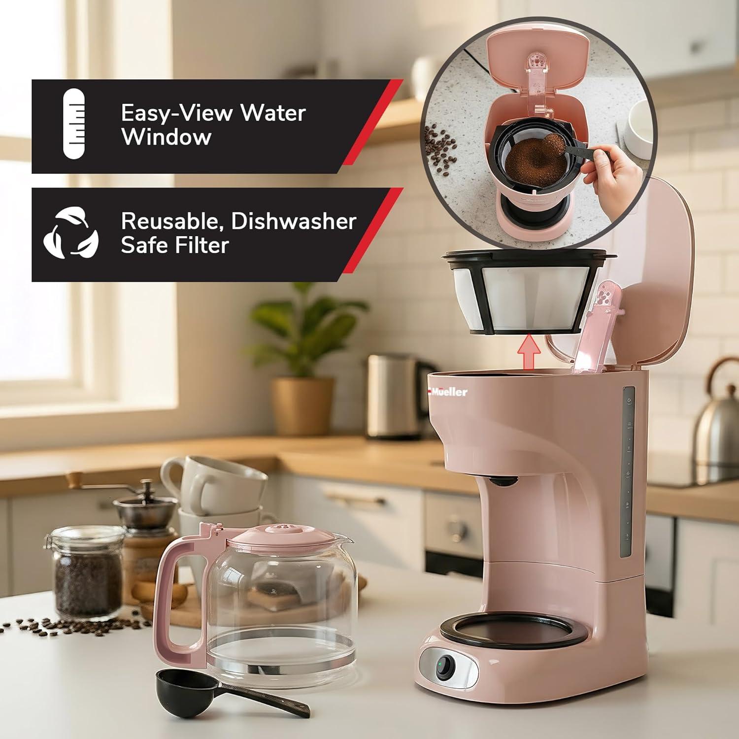 image:imageMUELLER HOME 12Cup Red Coffee Maker  Perfect for Home or Office Borosilicate Carafe AutoOff Reusable Filter AntiDrip KeepWarm Function Clear Water Level Window Red Kitchen AccessoriesPink