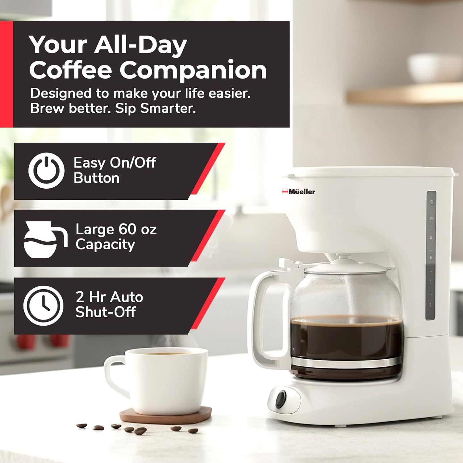 image:imageMUELLER HOME 12Cup Red Coffee Maker Perfect for Home or Office Borosilicate Carafe AutoOff Reusable Filter AntiDrip KeepWarm Function Clear Water Level Window Red Kitchen AccessoriesWhite