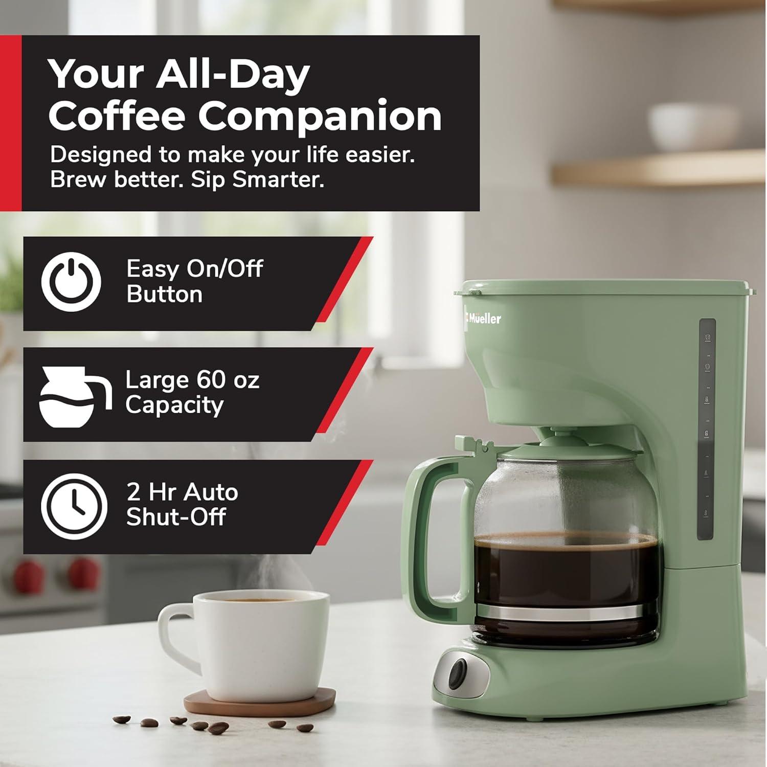 image:imageMUELLER HOME 12Cup Red Coffee Maker  Perfect for Home or Office Borosilicate Carafe AutoOff Reusable Filter AntiDrip KeepWarm Function Clear Water Level Window Red Kitchen AccessoriesGreen