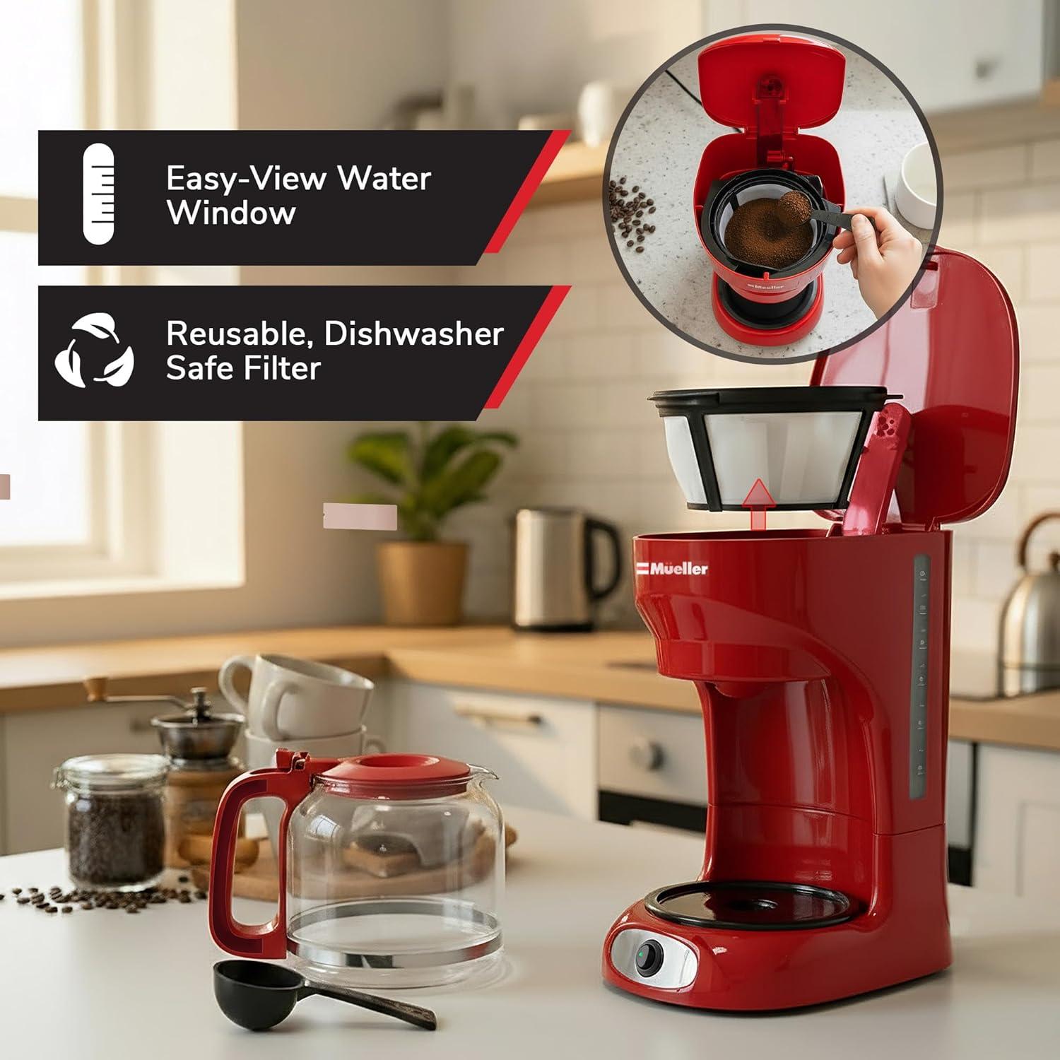 image:imageMUELLER HOME 12Cup Red Coffee Maker Perfect for Home or Office Borosilicate Carafe AutoOff Reusable Filter AntiDrip KeepWarm Function Clear Water Level Window Red Kitchen AccessoriesRed