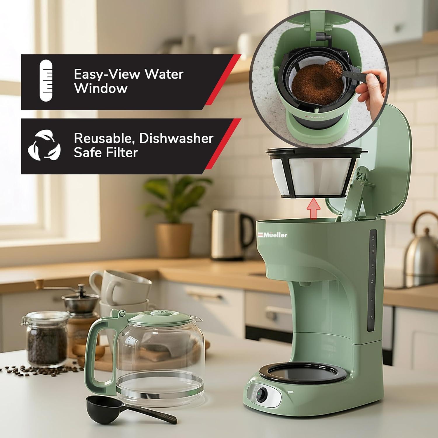 image:imageMUELLER HOME 12Cup Red Coffee Maker  Perfect for Home or Office Borosilicate Carafe AutoOff Reusable Filter AntiDrip KeepWarm Function Clear Water Level Window Red Kitchen AccessoriesGreen