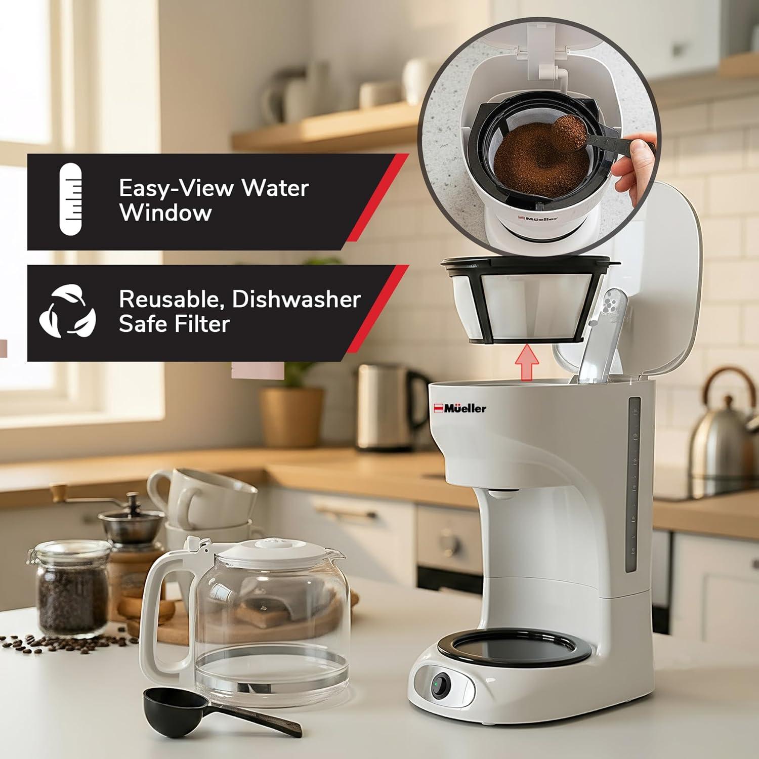 image:imageMUELLER HOME 12Cup Red Coffee Maker Perfect for Home or Office Borosilicate Carafe AutoOff Reusable Filter AntiDrip KeepWarm Function Clear Water Level Window Red Kitchen AccessoriesWhite