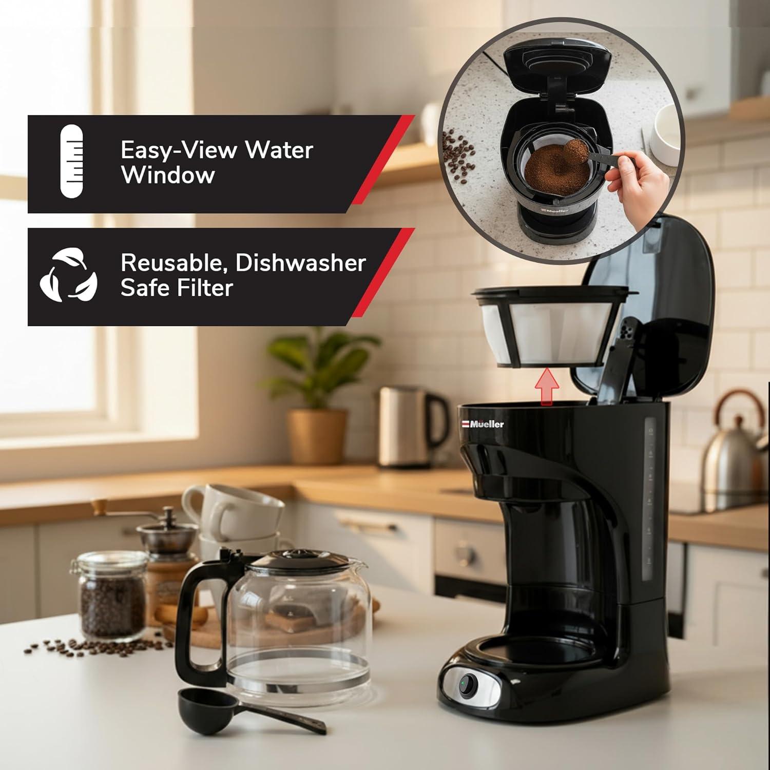 image:imageMUELLER HOME 12Cup Red Coffee Maker  Perfect for Home or Office Borosilicate Carafe AutoOff Reusable Filter AntiDrip KeepWarm Function Clear Water Level Window Red Kitchen AccessoriesBlack
