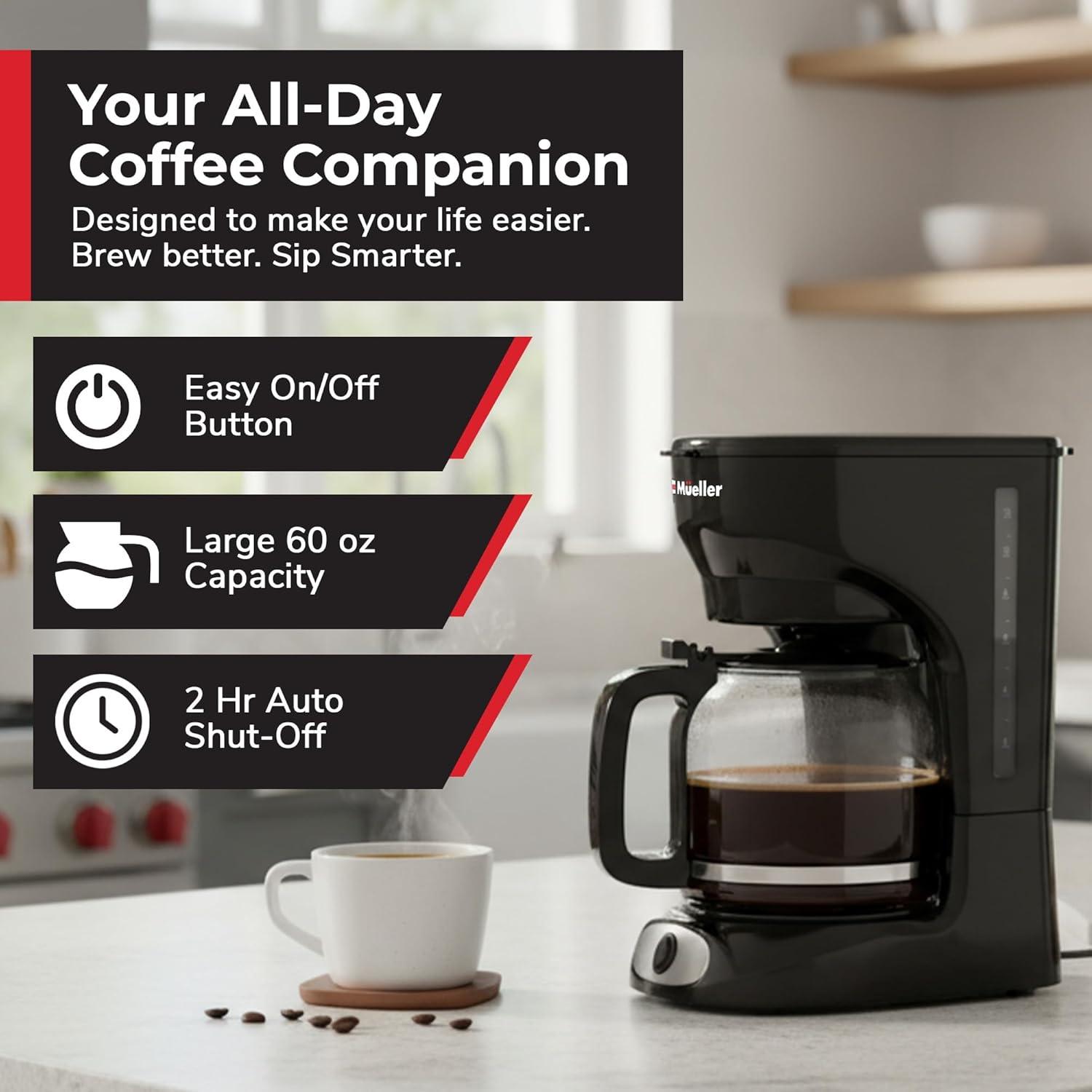 image:imageMUELLER HOME 12Cup Red Coffee Maker  Perfect for Home or Office Borosilicate Carafe AutoOff Reusable Filter AntiDrip KeepWarm Function Clear Water Level Window Red Kitchen AccessoriesBlack