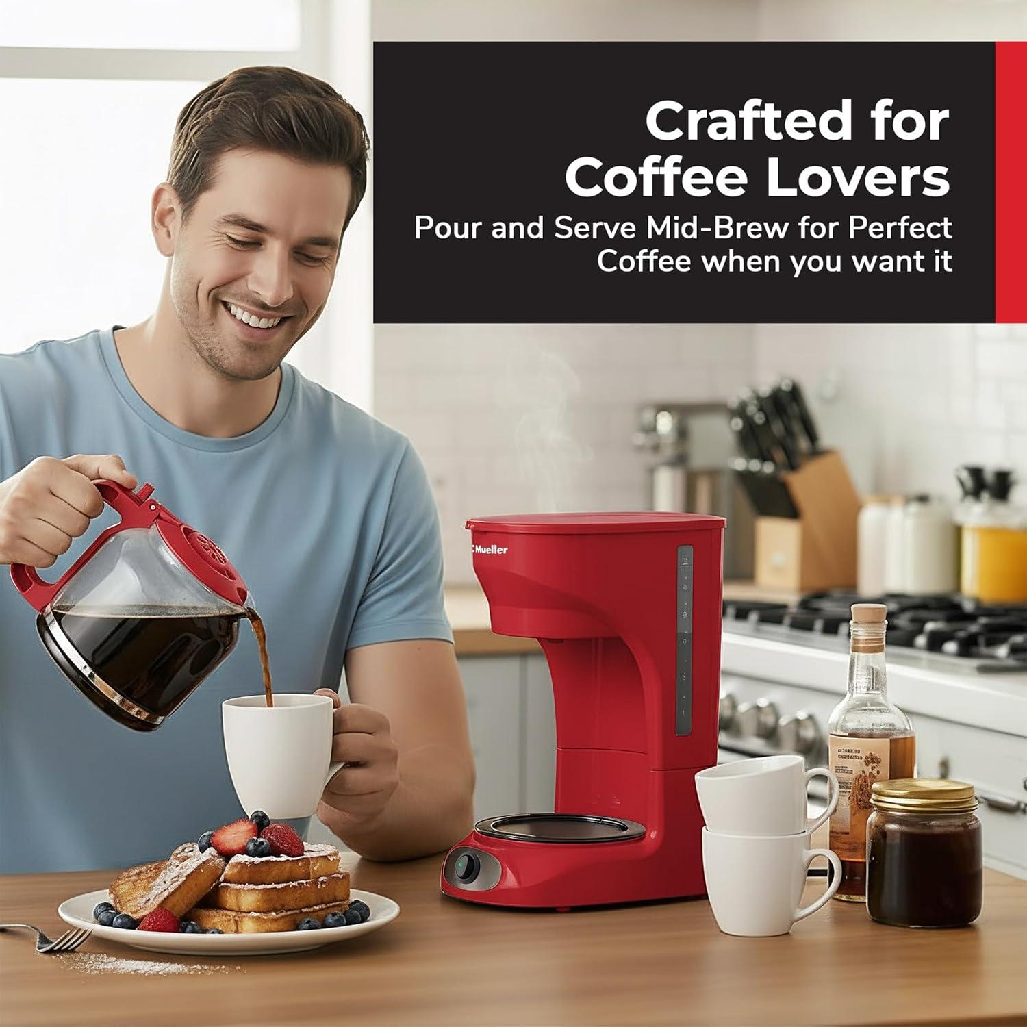 image:imageMUELLER HOME 12Cup Red Coffee Maker Perfect for Home or Office Borosilicate Carafe AutoOff Reusable Filter AntiDrip KeepWarm Function Clear Water Level Window Red Kitchen AccessoriesRed