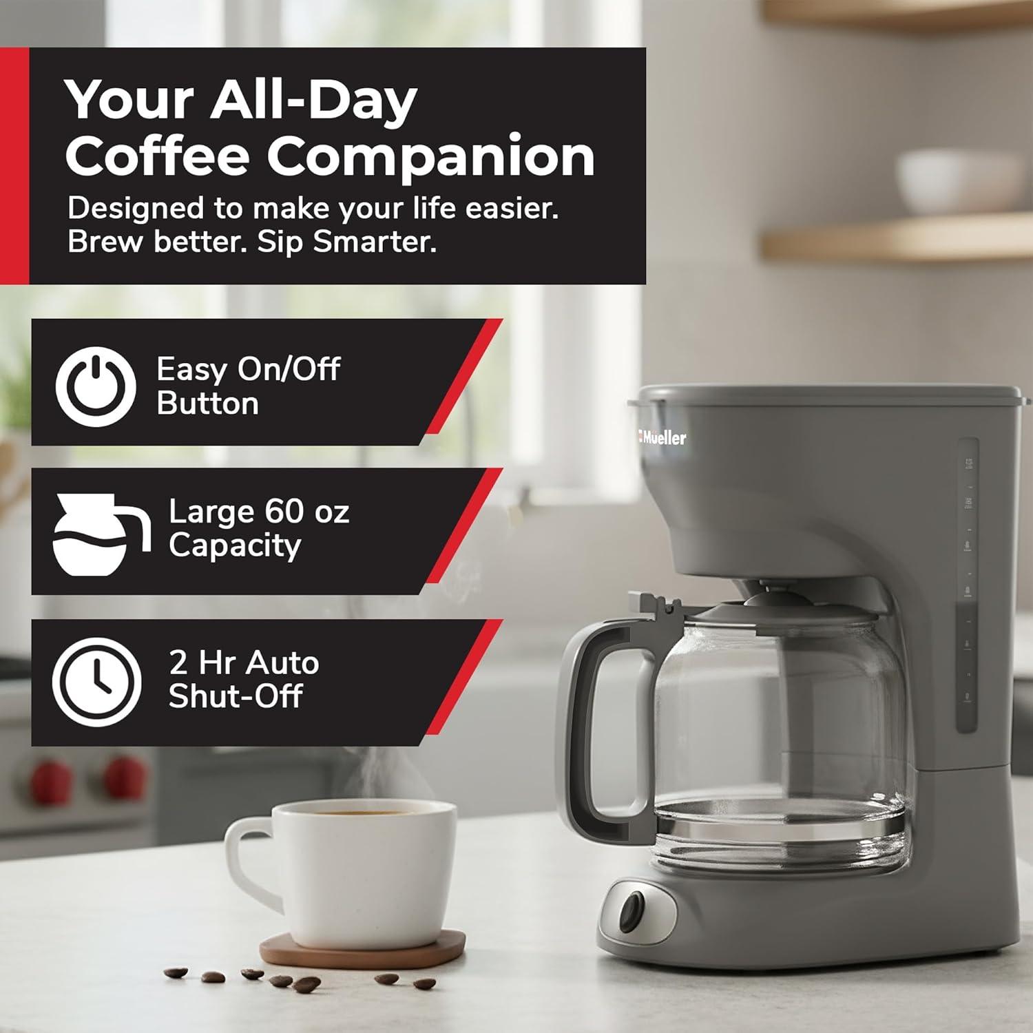 image:imageMUELLER HOME 12Cup Red Coffee Maker Perfect for Home or Office Borosilicate Carafe AutoOff Reusable Filter AntiDrip KeepWarm Function Clear Water Level Window Red Kitchen AccessoriesGray