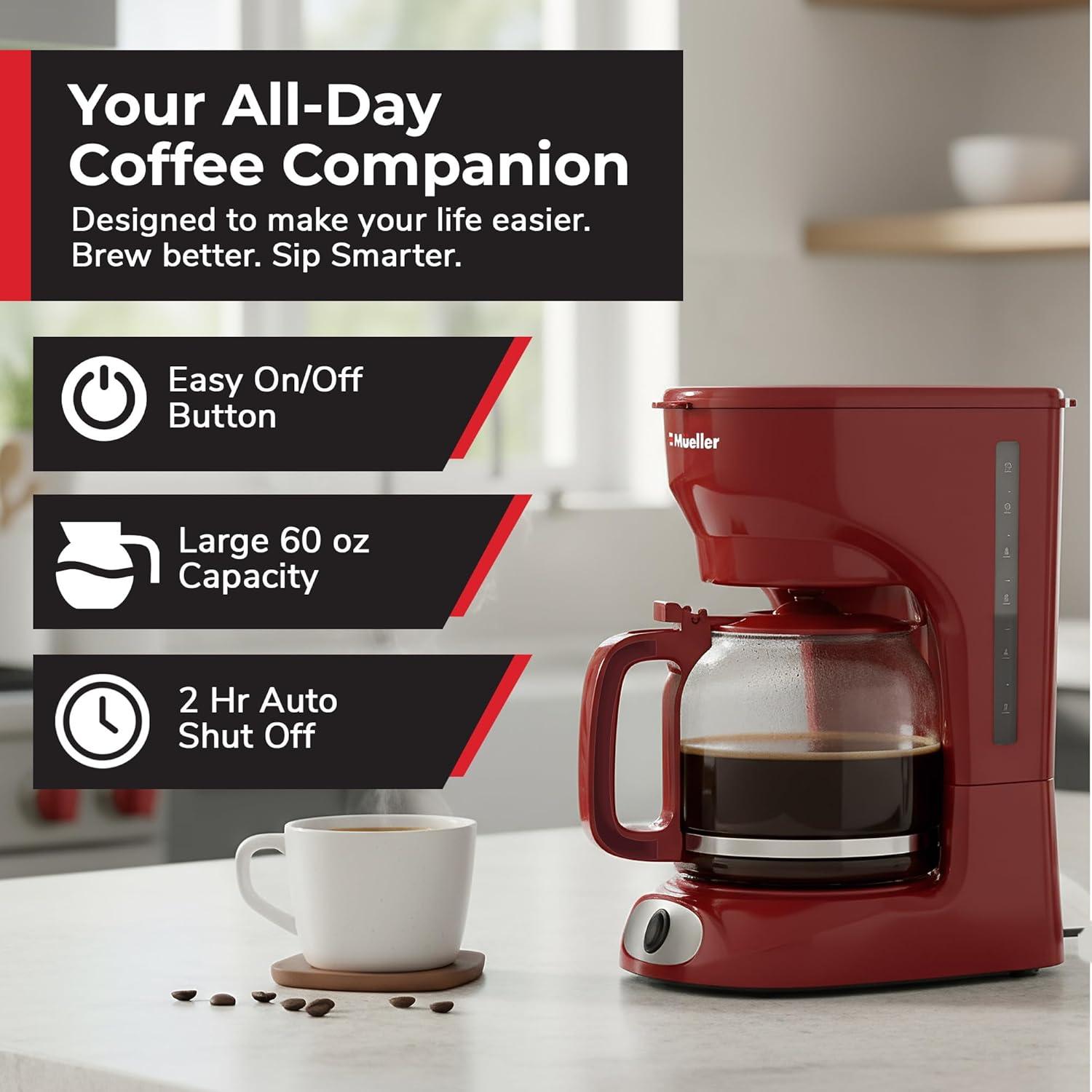 image:imageMUELLER HOME 12Cup Red Coffee Maker Perfect for Home or Office Borosilicate Carafe AutoOff Reusable Filter AntiDrip KeepWarm Function Clear Water Level Window Red Kitchen AccessoriesRed