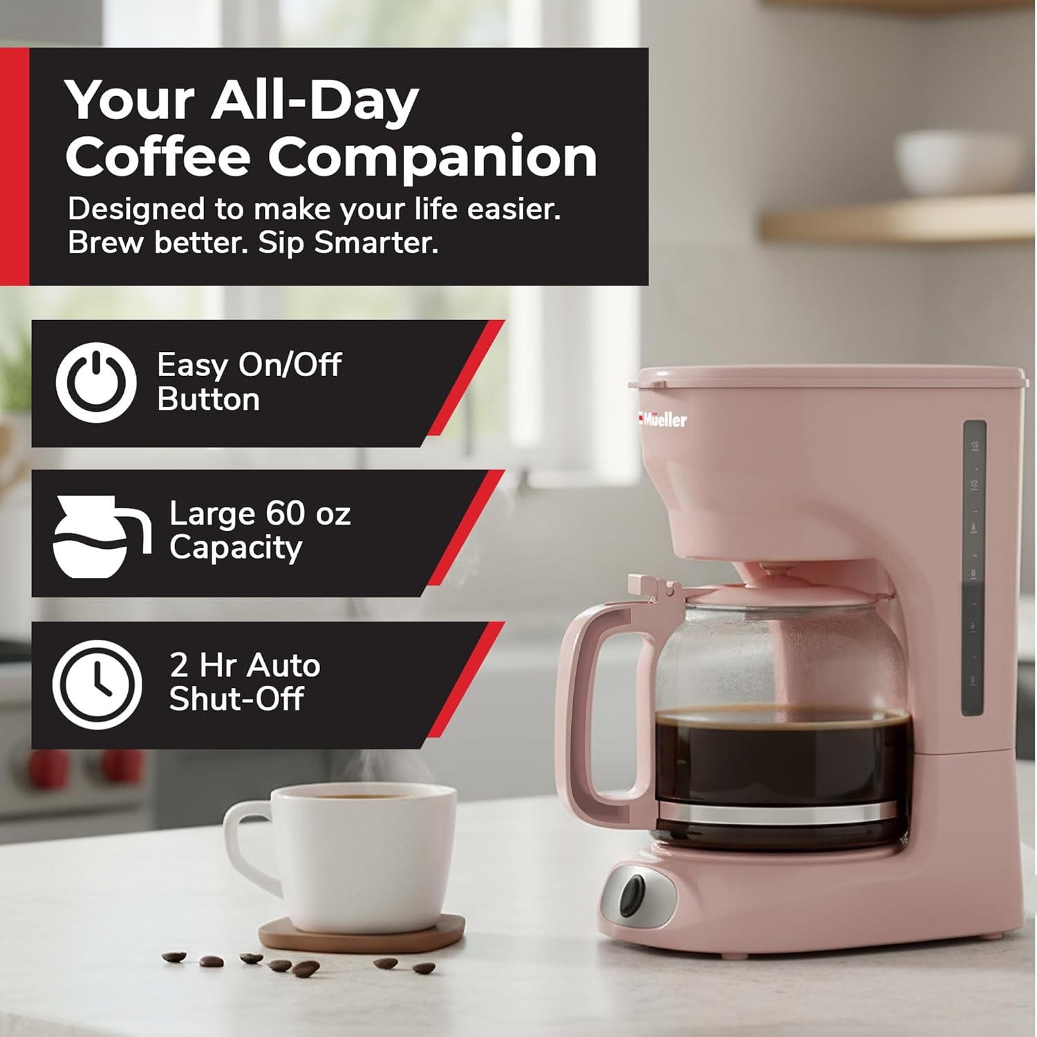 image:imageMUELLER HOME 12Cup Red Coffee Maker  Perfect for Home or Office Borosilicate Carafe AutoOff Reusable Filter AntiDrip KeepWarm Function Clear Water Level Window Red Kitchen AccessoriesPink
