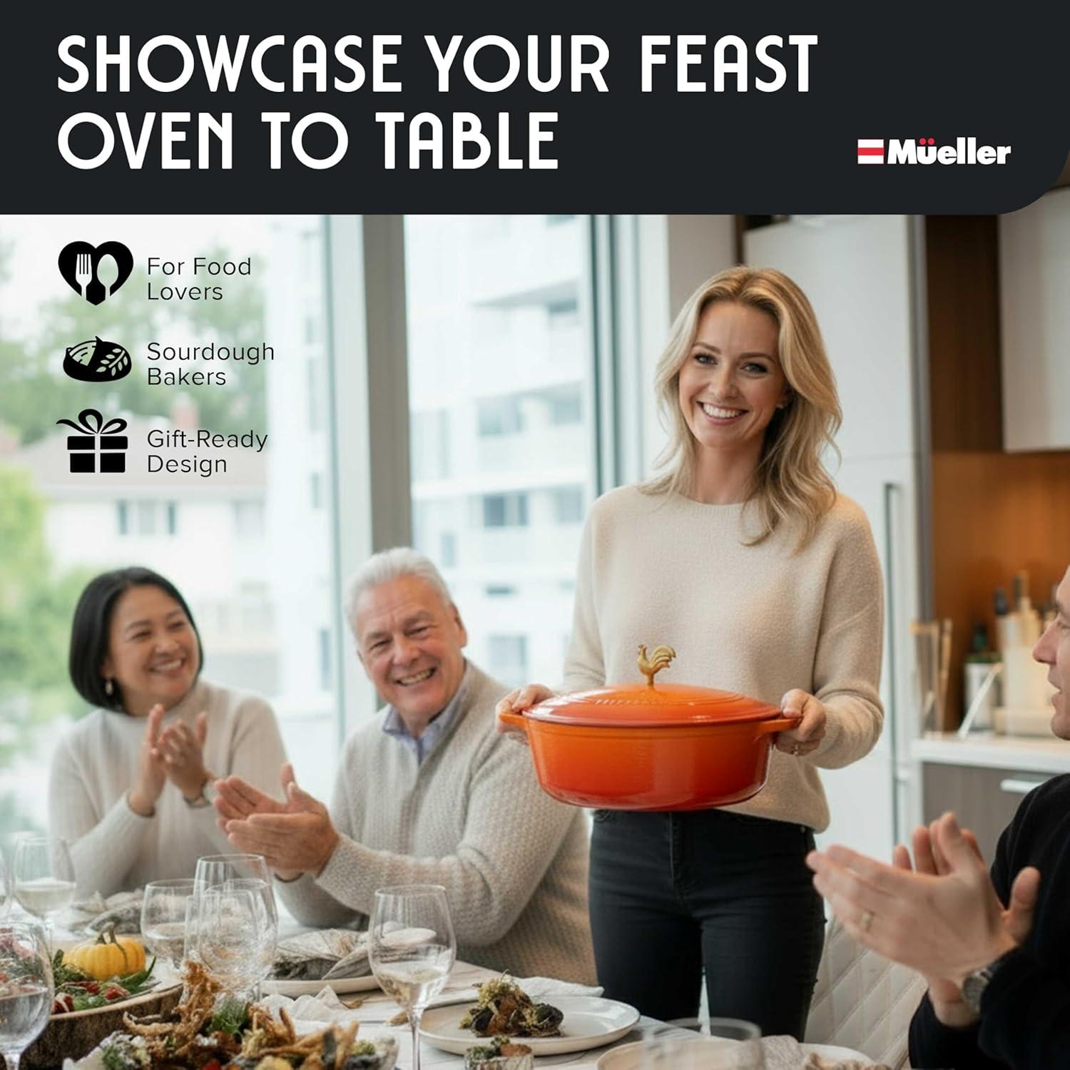 image:imageMUELLER HOME 75 QT Enameled Cast Iron Dutch Oven HeavyDuty OvenSafe up to 500 F amp Across All Cooktops Casserole Dish and Braiser Pan with Lid and Stainless Knob GreyOrange