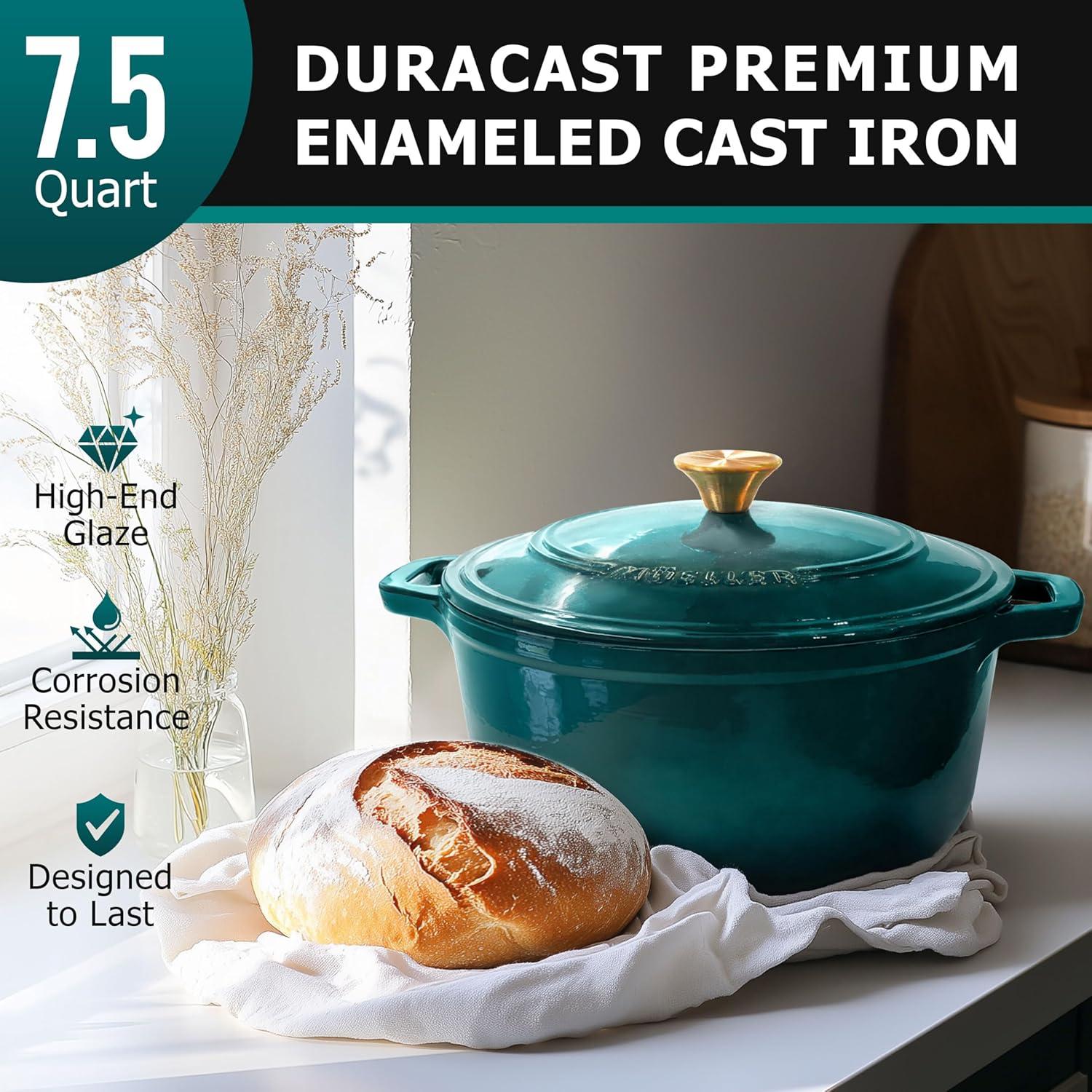image:imageMUELLER HOME 75 QT Enameled Cast Iron Dutch Oven HeavyDuty OvenSafe up to 500 F amp Across All Cooktops Casserole Dish and Braiser Pan with Lid and Stainless Knob GreyEmerald