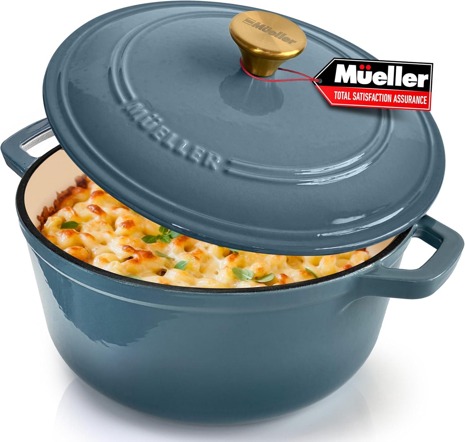 image:imageMUELLER HOME 75 QT Enameled Cast Iron Dutch Oven HeavyDuty OvenSafe up to 500 F amp Across All Cooktops Casserole Dish and Braiser Pan with Lid and Stainless Knob GreyMineral Blue