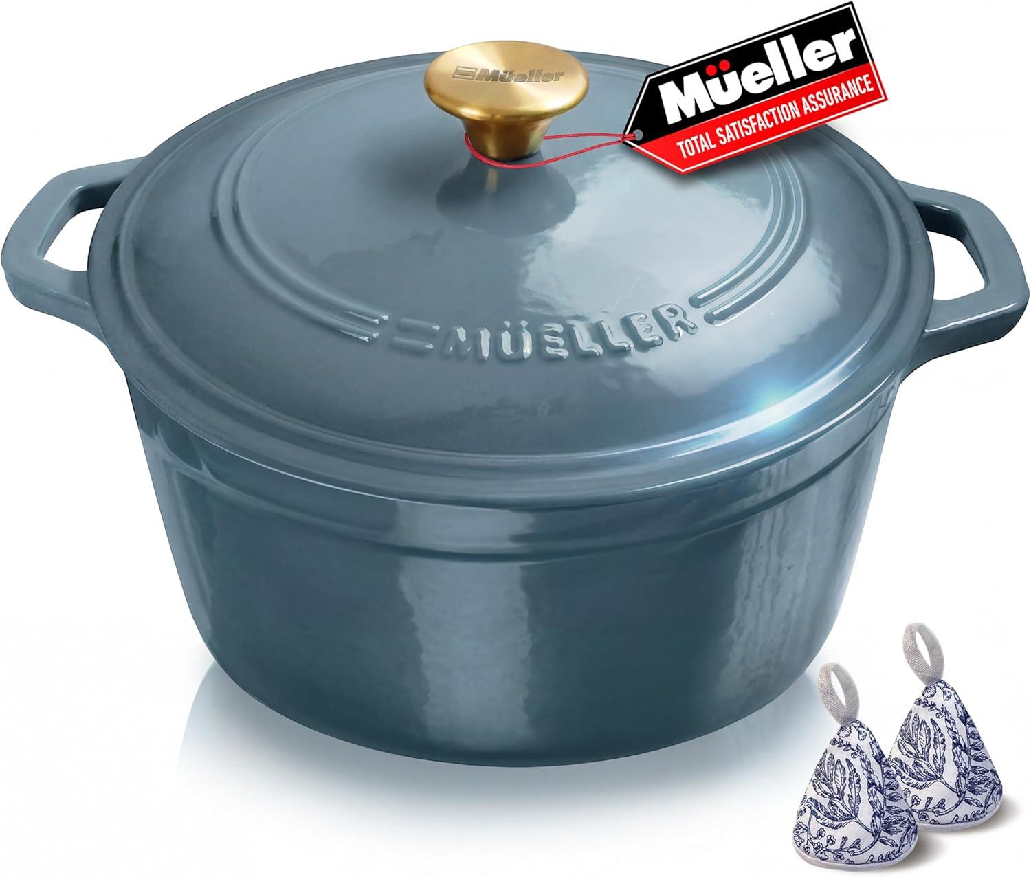 image:imageMUELLER HOME 75 QT Enameled Cast Iron Dutch Oven HeavyDuty OvenSafe up to 500 F amp Across All Cooktops Casserole Dish and Braiser Pan with Lid and Stainless Knob GreyMineral Blue