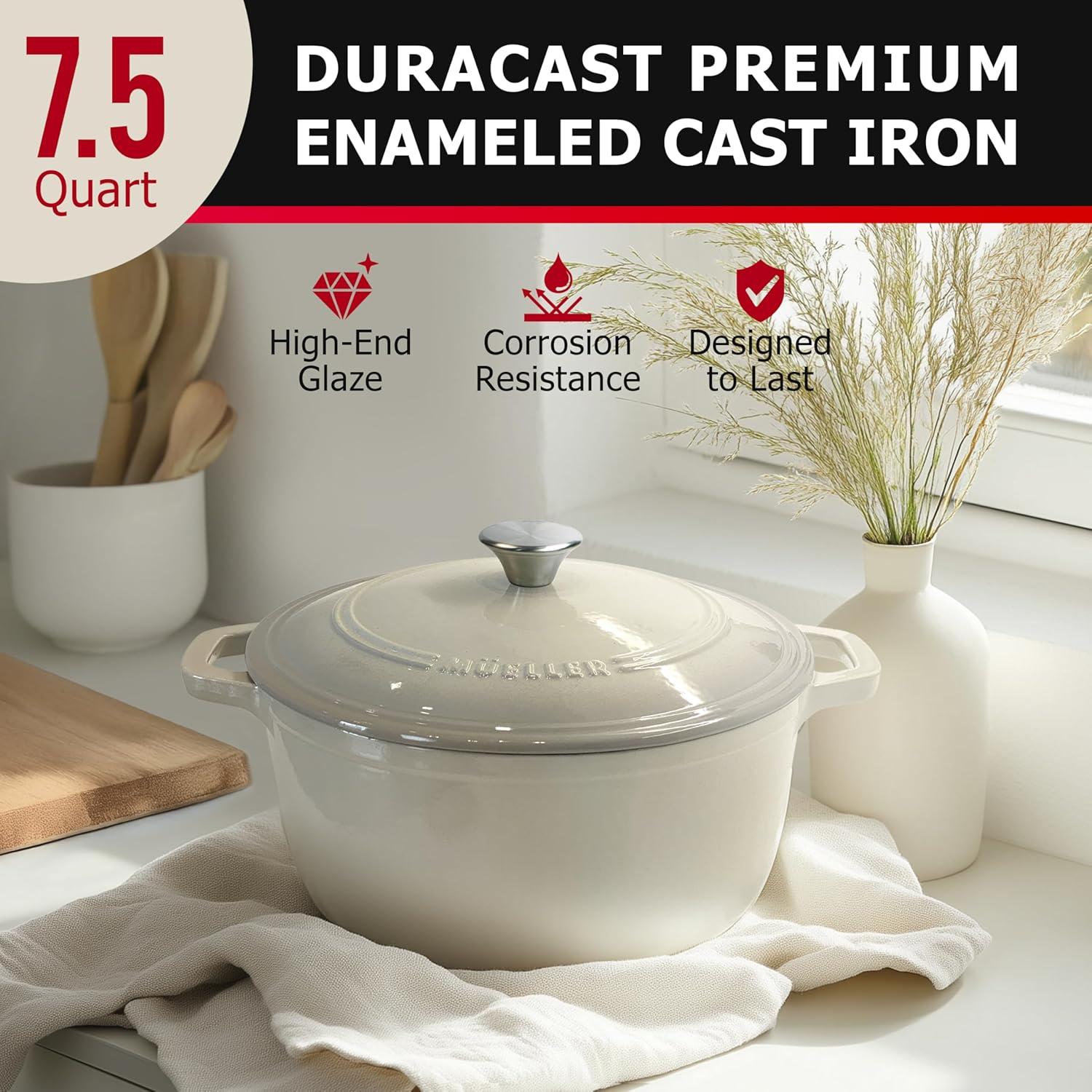image:imageMUELLER HOME 75 QT Enameled Cast Iron Dutch Oven HeavyDuty OvenSafe up to 500 F amp Across All Cooktops Casserole Dish and Braiser Pan with Lid and Stainless Knob GreyOyster White
