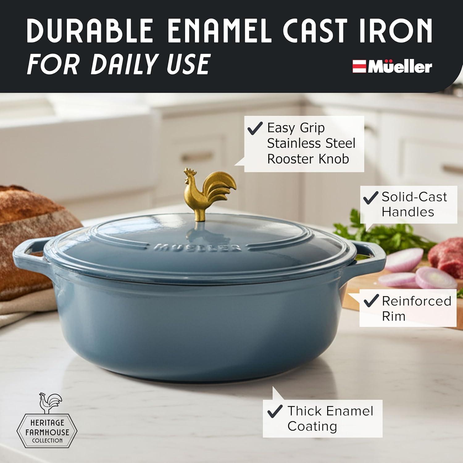 image:imageMUELLER HOME 75 QT Enameled Cast Iron Dutch Oven HeavyDuty OvenSafe up to 500 F amp Across All Cooktops Casserole Dish and Braiser Pan with Lid and Stainless Knob GreyMineral Blue