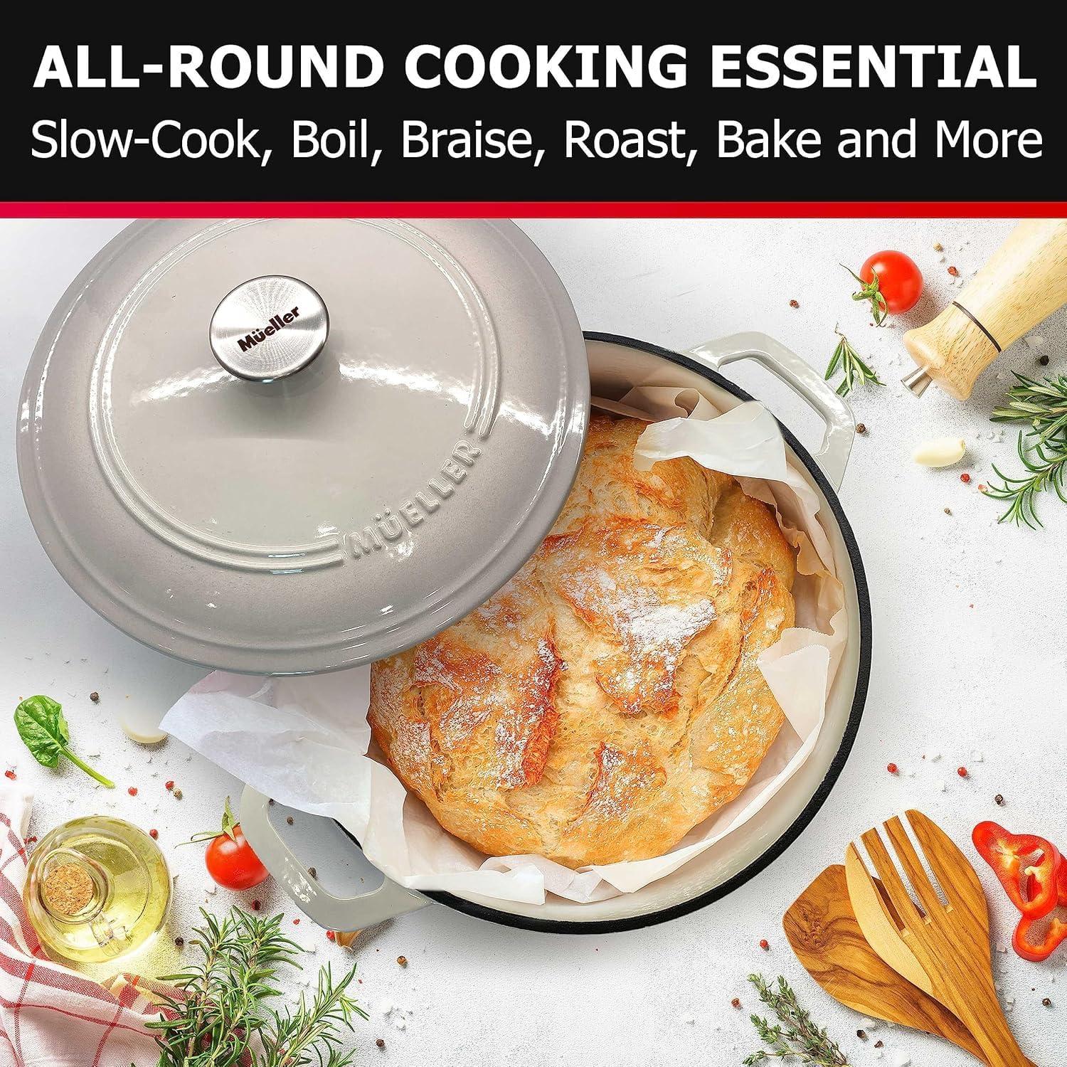 image:imageMUELLER HOME 75 QT Enameled Cast Iron Dutch Oven HeavyDuty OvenSafe up to 500 F amp Across All Cooktops Casserole Dish and Braiser Pan with Lid and Stainless Knob GreyOyster White