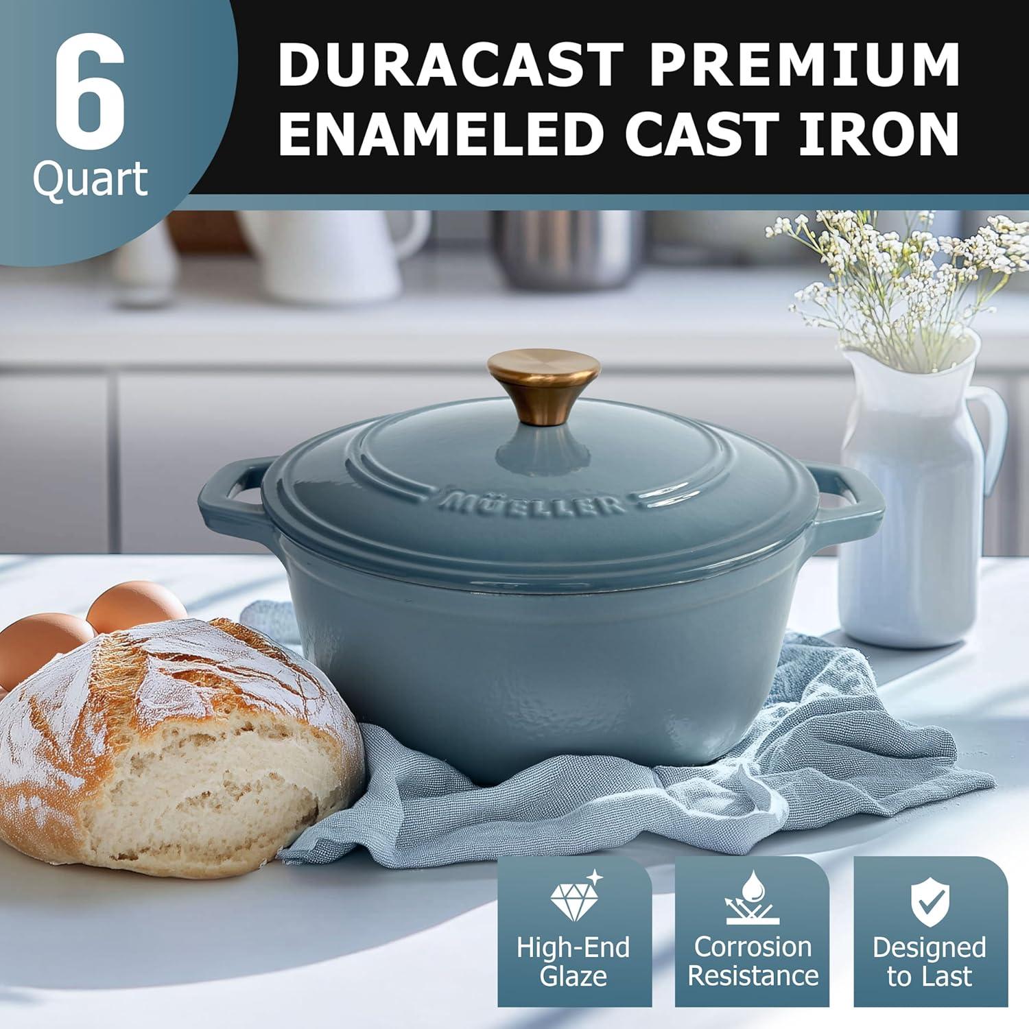 image:imageMUELLER HOME 75 QT Enameled Cast Iron Dutch Oven HeavyDuty OvenSafe up to 500 F amp Across All Cooktops Casserole Dish and Braiser Pan with Lid and Stainless Knob GreyMineral Blue