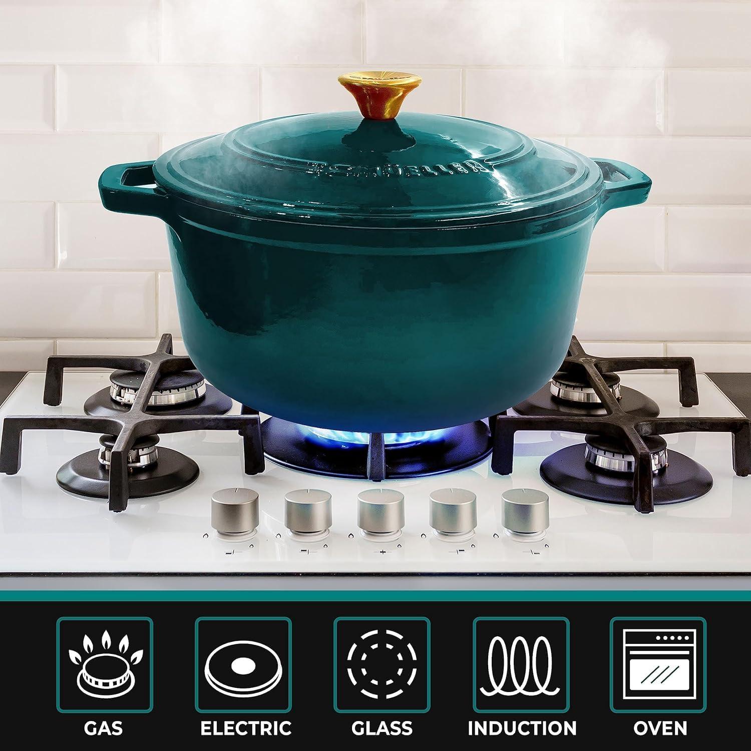 image:imageMUELLER HOME 75 QT Enameled Cast Iron Dutch Oven HeavyDuty OvenSafe up to 500 F amp Across All Cooktops Casserole Dish and Braiser Pan with Lid and Stainless Knob GreyEmerald