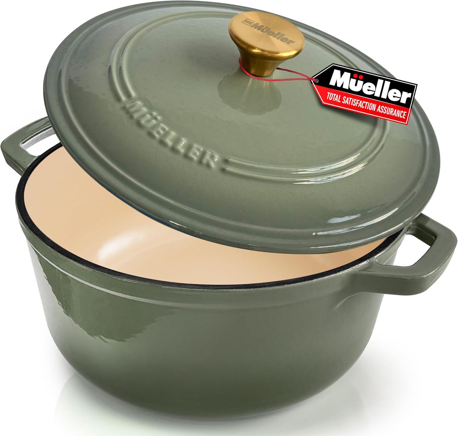 image:imageMUELLER HOME 75 QT Enameled Cast Iron Dutch Oven HeavyDuty OvenSafe up to 500 F amp Across All Cooktops Casserole Dish and Braiser Pan with Lid and Stainless Knob GreyThyme Green