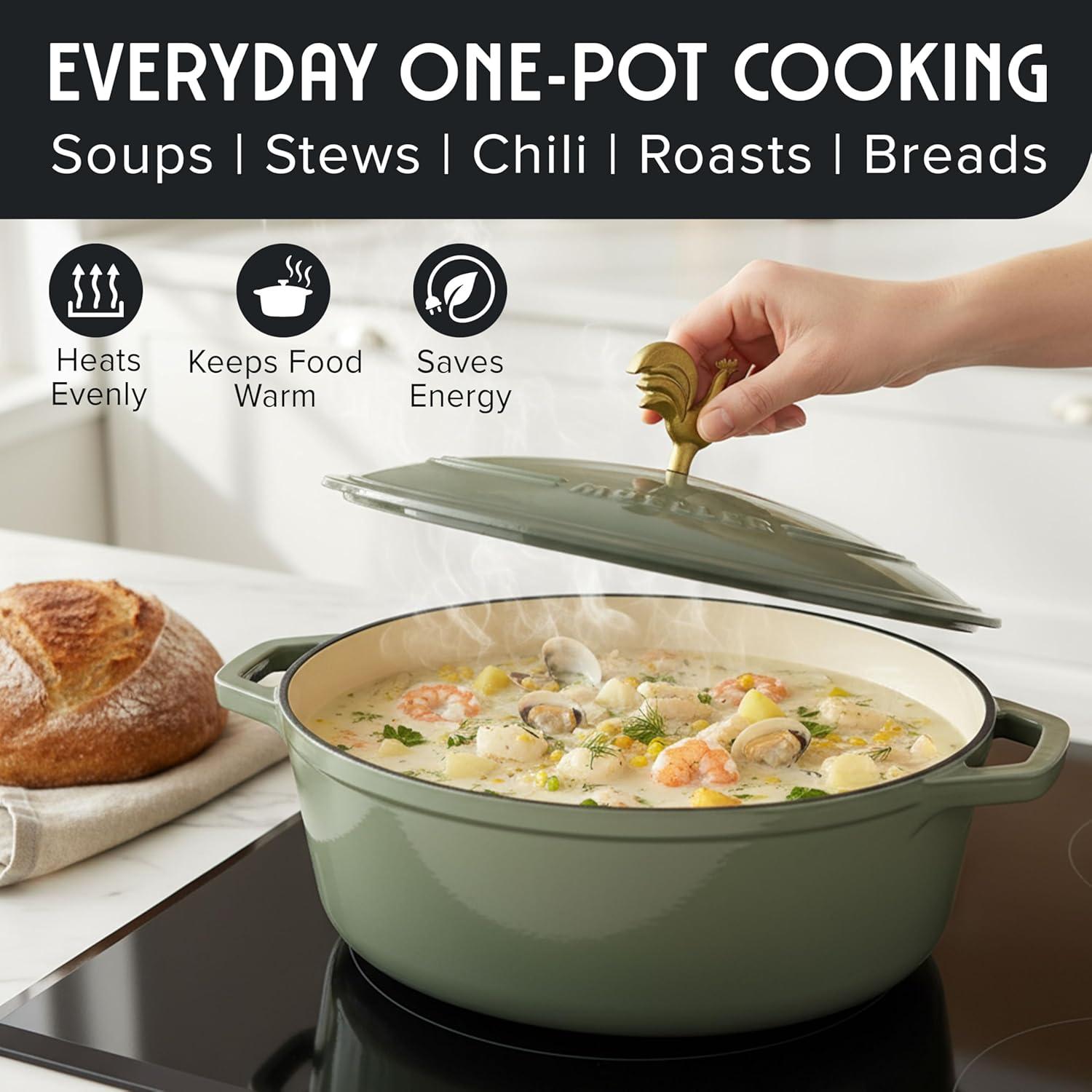 image:imageMUELLER HOME 75 QT Enameled Cast Iron Dutch Oven HeavyDuty OvenSafe up to 500 F amp Across All Cooktops Casserole Dish and Braiser Pan with Lid and Stainless Knob GreyThyme Green