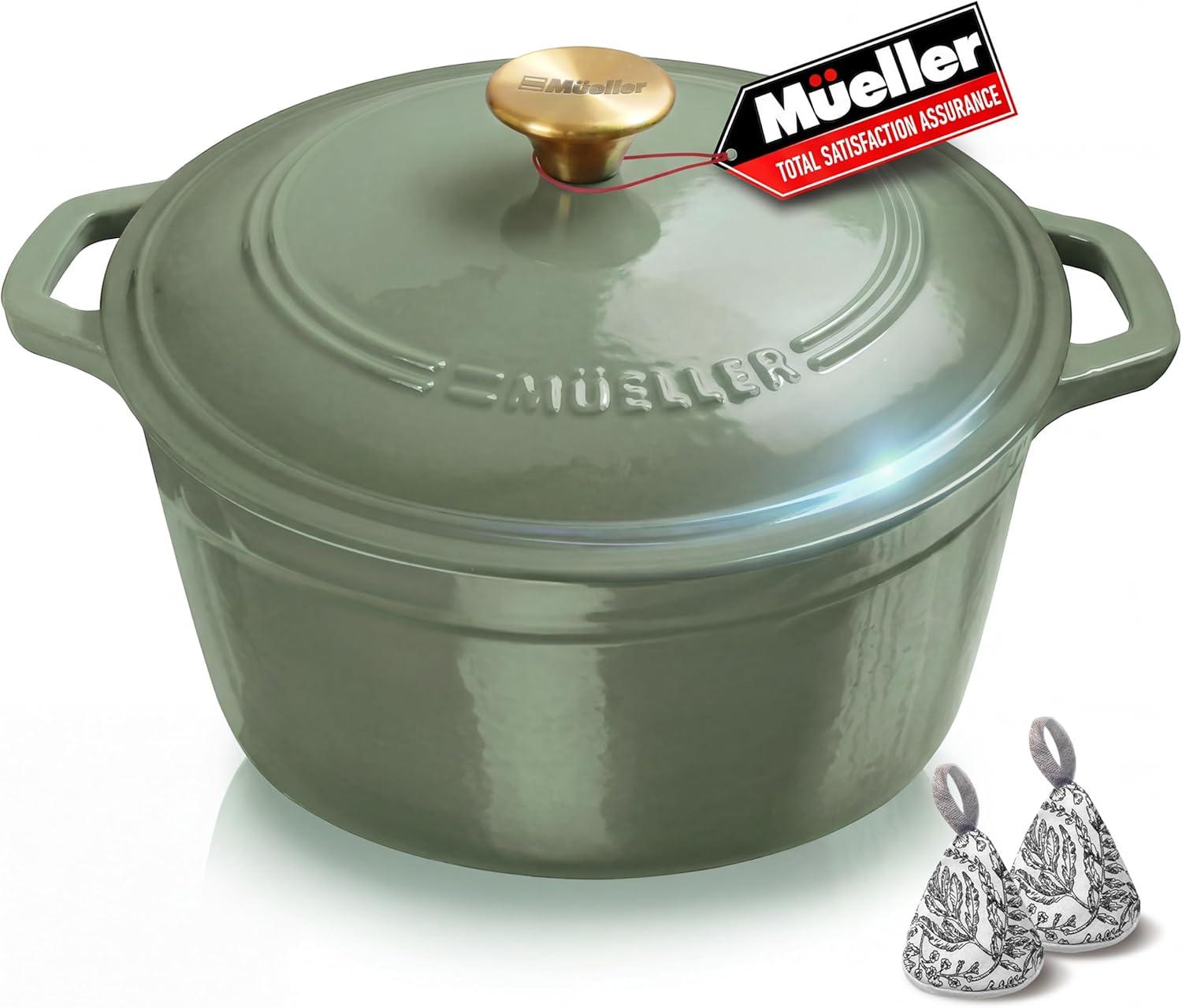 image:imageMUELLER HOME 75 QT Enameled Cast Iron Dutch Oven HeavyDuty OvenSafe up to 500 F amp Across All Cooktops Casserole Dish and Braiser Pan with Lid and Stainless Knob GreyThyme Green