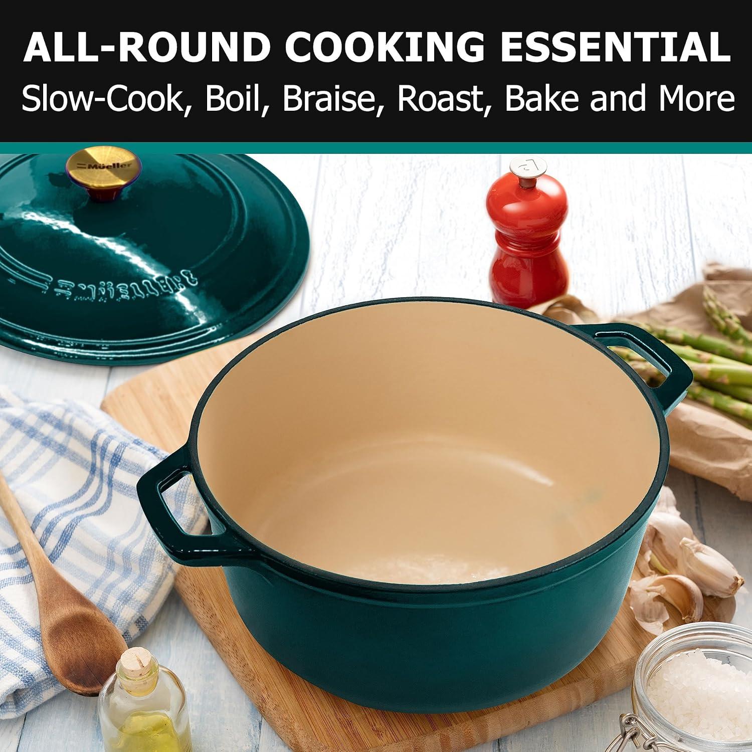 image:imageMUELLER HOME 75 QT Enameled Cast Iron Dutch Oven HeavyDuty OvenSafe up to 500 F amp Across All Cooktops Casserole Dish and Braiser Pan with Lid and Stainless Knob GreyEmerald