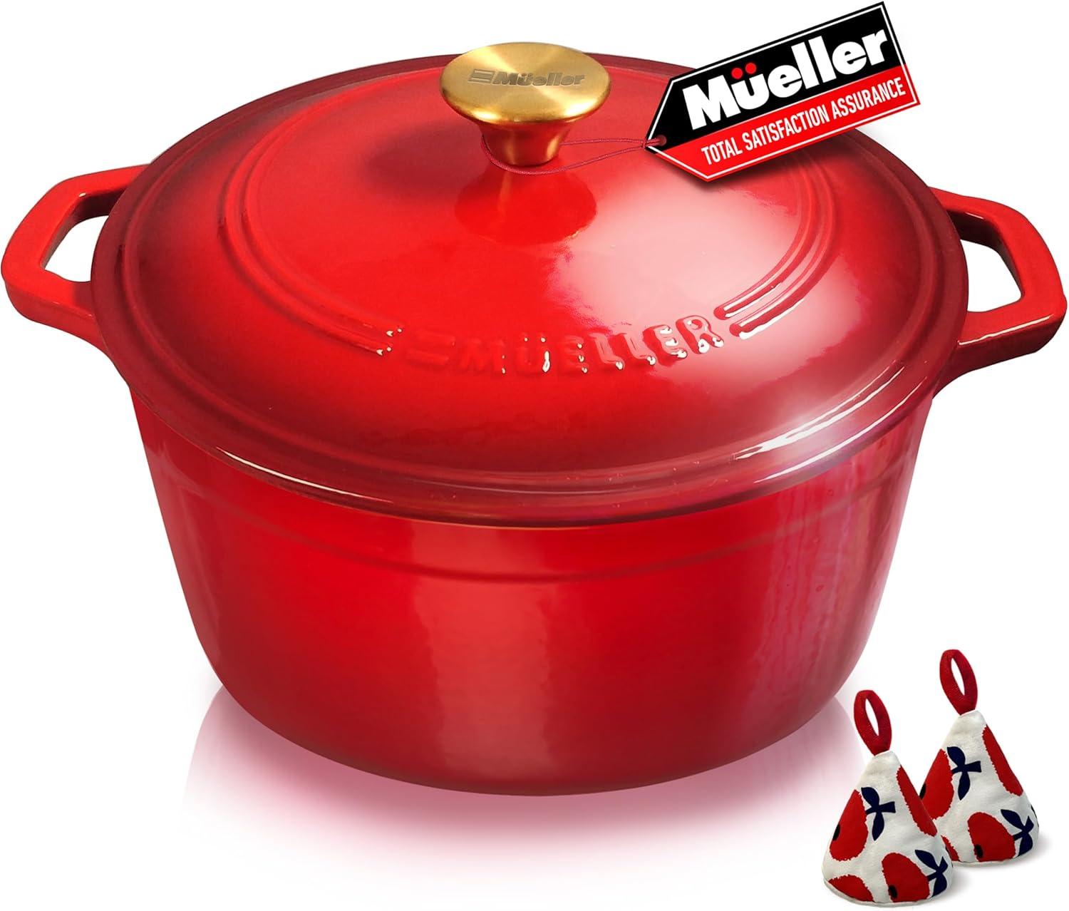 image:imageMUELLER HOME 75 QT Enameled Cast Iron Dutch Oven HeavyDuty OvenSafe up to 500 F amp Across All Cooktops Casserole Dish and Braiser Pan with Lid and Stainless Knob GreyRed