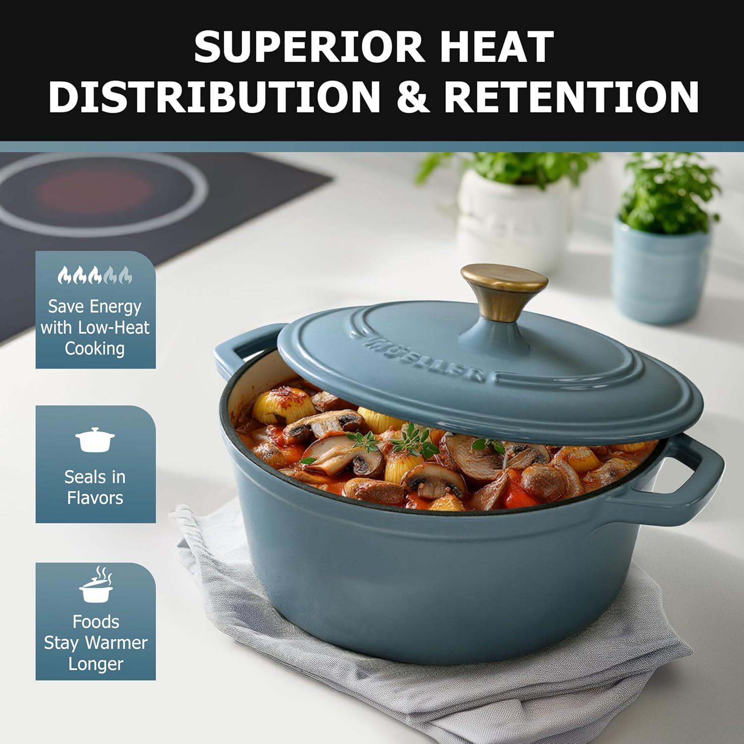 image:imageMUELLER HOME 75 QT Enameled Cast Iron Dutch Oven HeavyDuty OvenSafe up to 500 F amp Across All Cooktops Casserole Dish and Braiser Pan with Lid and Stainless Knob GreyMineral Blue