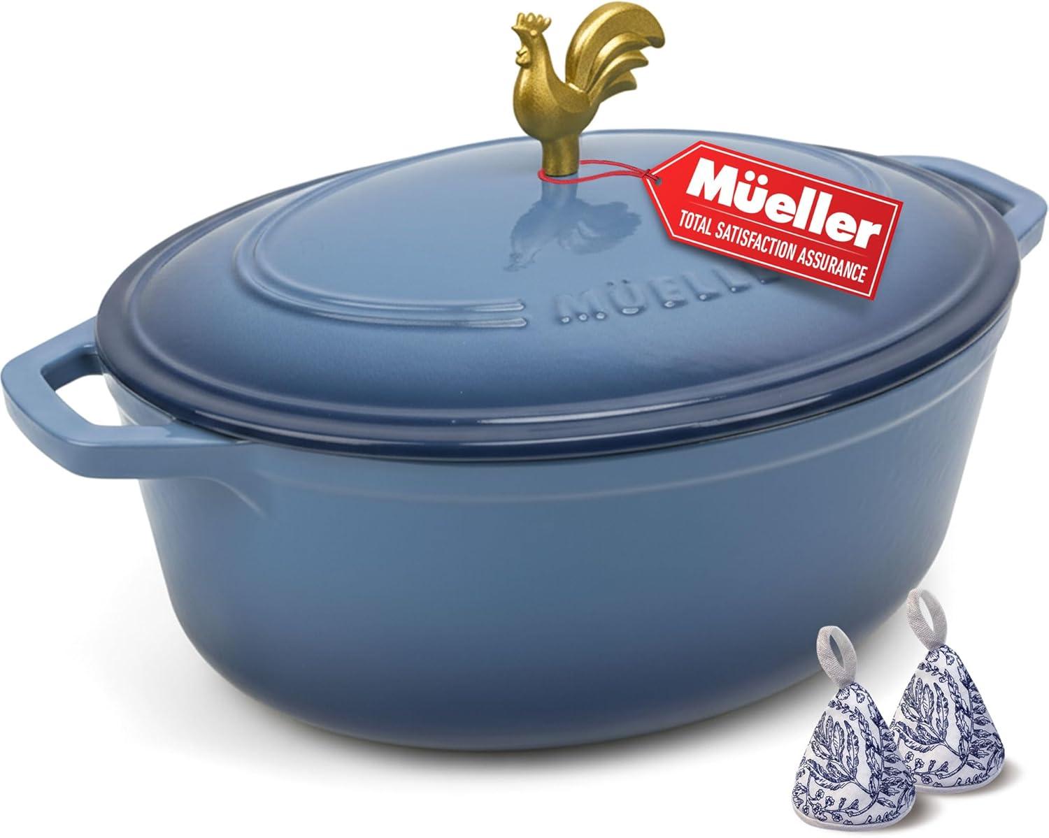 image:imageMUELLER HOME 75 QT Enameled Cast Iron Dutch Oven HeavyDuty OvenSafe up to 500 F amp Across All Cooktops Casserole Dish and Braiser Pan with Lid and Stainless Knob GreyMineral Blue