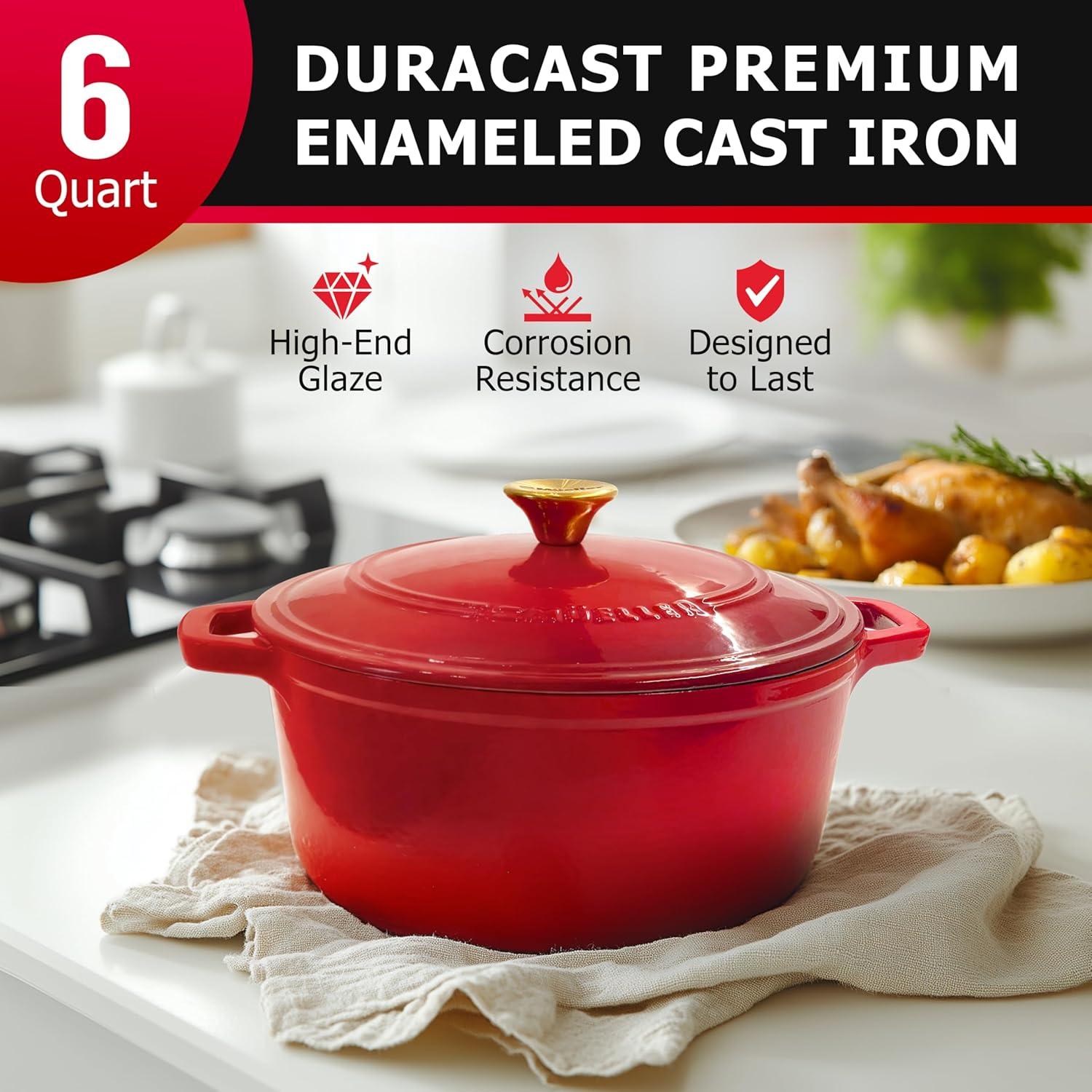 image:imageMUELLER HOME 75 QT Enameled Cast Iron Dutch Oven HeavyDuty OvenSafe up to 500 F amp Across All Cooktops Casserole Dish and Braiser Pan with Lid and Stainless Knob GreyRed