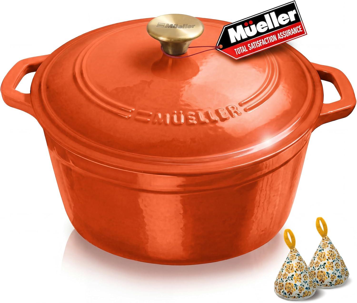 image:imageMUELLER HOME 75 QT Enameled Cast Iron Dutch Oven HeavyDuty OvenSafe up to 500 F amp Across All Cooktops Casserole Dish and Braiser Pan with Lid and Stainless Knob GreyOrange