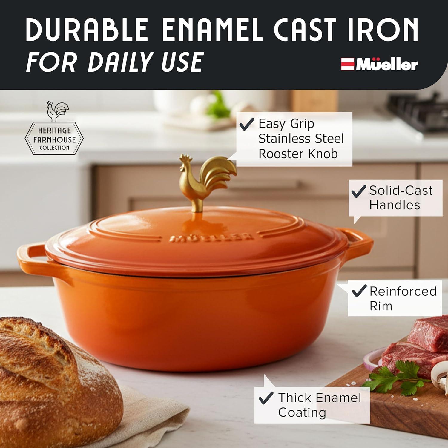 image:imageMUELLER HOME 75 QT Enameled Cast Iron Dutch Oven HeavyDuty OvenSafe up to 500 F amp Across All Cooktops Casserole Dish and Braiser Pan with Lid and Stainless Knob GreyOrange