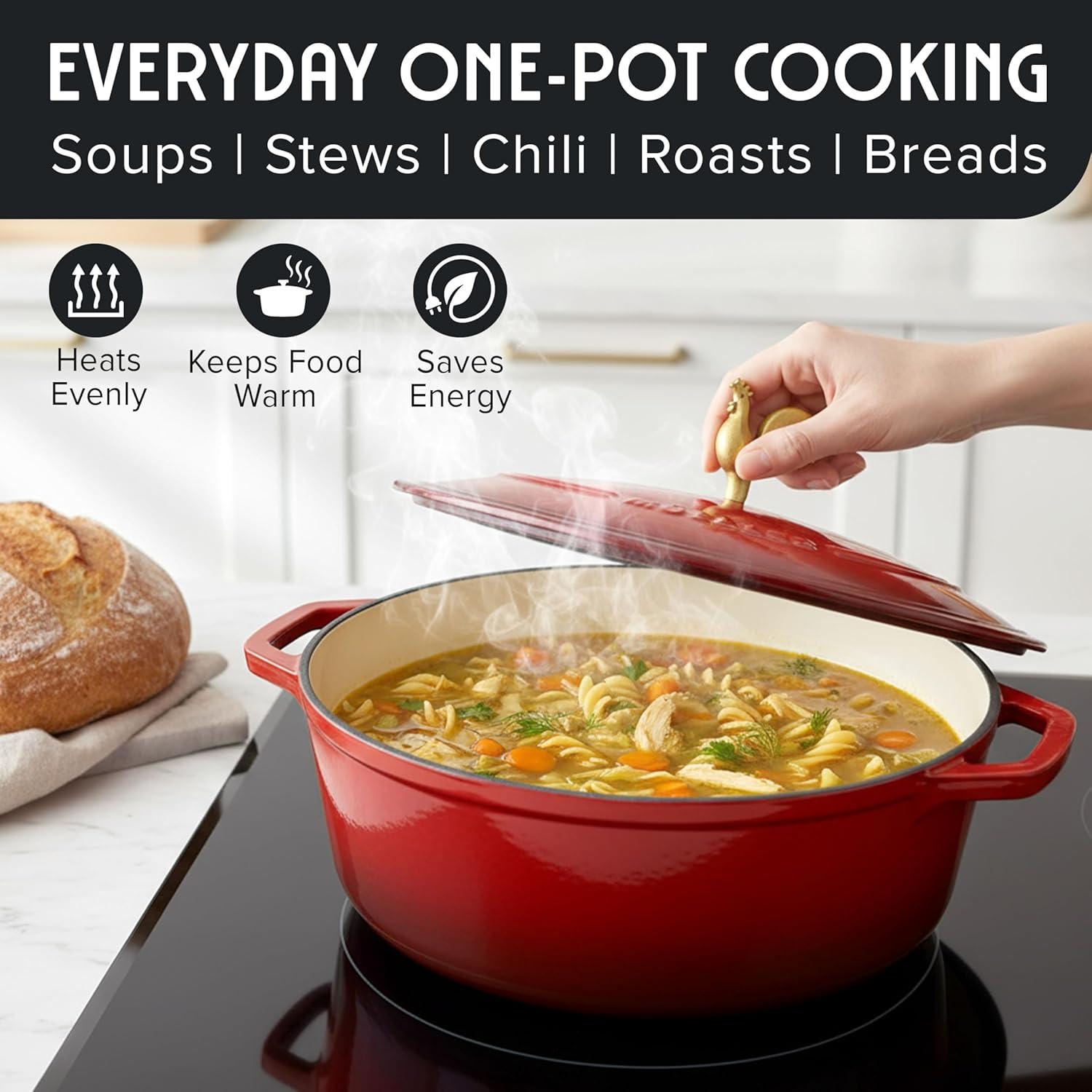 image:imageMUELLER HOME 75 QT Enameled Cast Iron Dutch Oven HeavyDuty OvenSafe up to 500 F amp Across All Cooktops Casserole Dish and Braiser Pan with Lid and Stainless Knob GreyRed