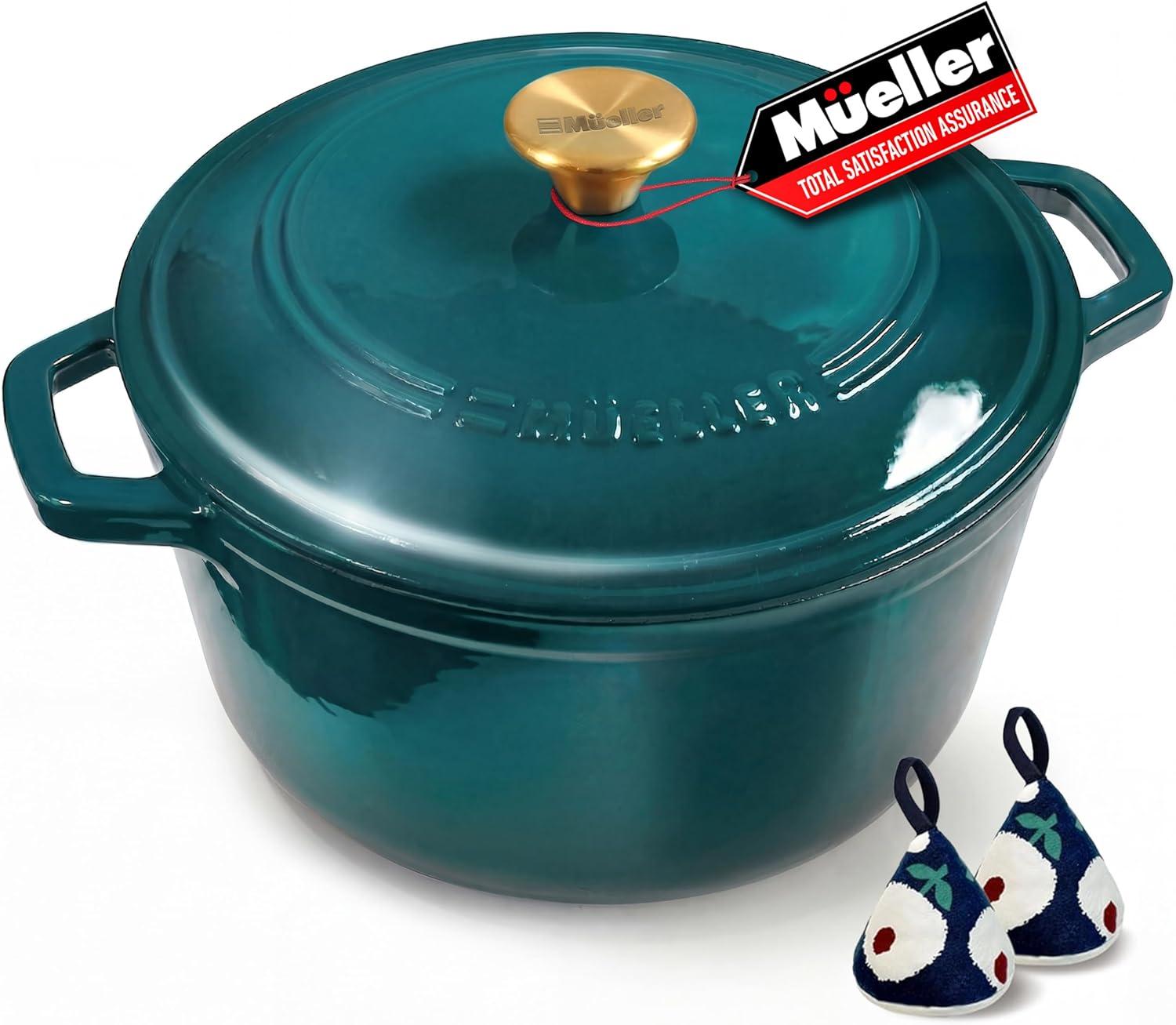 image:imageMUELLER HOME 75 QT Enameled Cast Iron Dutch Oven HeavyDuty OvenSafe up to 500 F amp Across All Cooktops Casserole Dish and Braiser Pan with Lid and Stainless Knob GreyEmerald