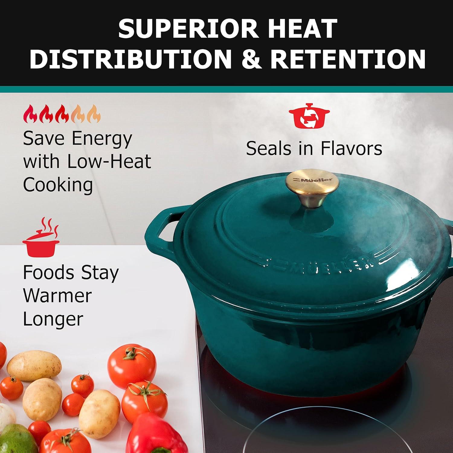image:imageMUELLER HOME 75 QT Enameled Cast Iron Dutch Oven HeavyDuty OvenSafe up to 500 F amp Across All Cooktops Casserole Dish and Braiser Pan with Lid and Stainless Knob GreyEmerald