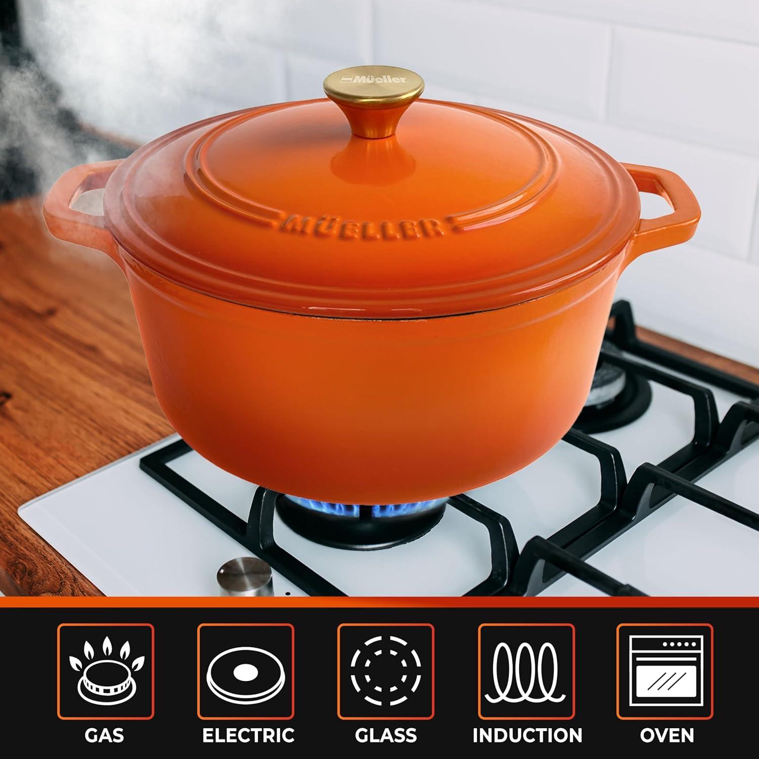 image:imageMUELLER HOME 75 QT Enameled Cast Iron Dutch Oven HeavyDuty OvenSafe up to 500 F amp Across All Cooktops Casserole Dish and Braiser Pan with Lid and Stainless Knob GreyOrange