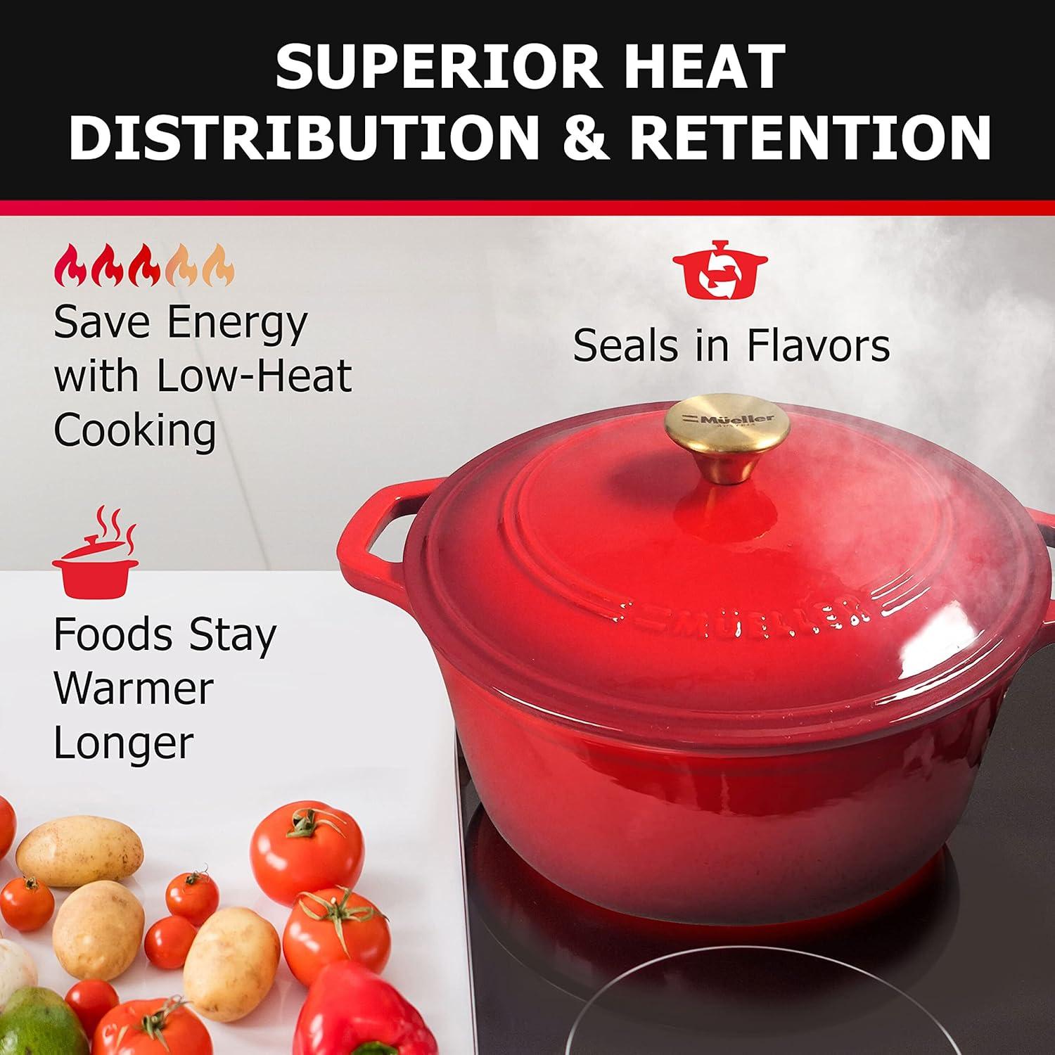 image:imageMUELLER HOME 75 QT Enameled Cast Iron Dutch Oven HeavyDuty OvenSafe up to 500 F amp Across All Cooktops Casserole Dish and Braiser Pan with Lid and Stainless Knob GreyRed