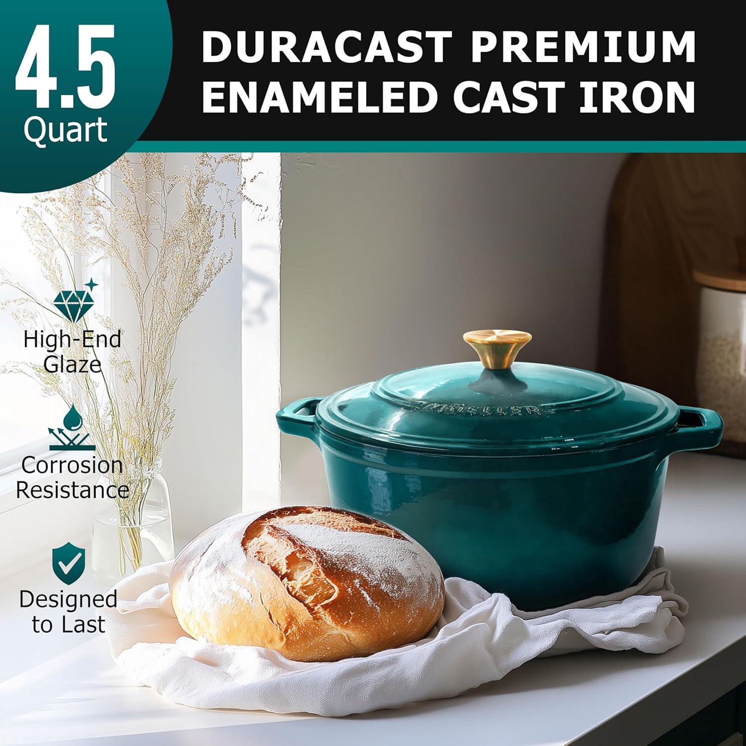 image:imageMUELLER HOME 75 QT Enameled Cast Iron Dutch Oven HeavyDuty OvenSafe up to 500 F amp Across All Cooktops Casserole Dish and Braiser Pan with Lid and Stainless Knob GreyEmerald