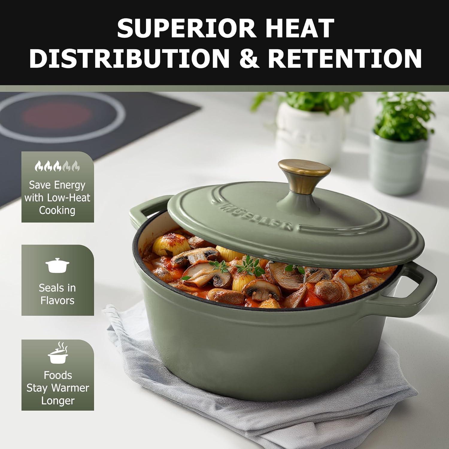 image:imageMUELLER HOME 75 QT Enameled Cast Iron Dutch Oven HeavyDuty OvenSafe up to 500 F amp Across All Cooktops Casserole Dish and Braiser Pan with Lid and Stainless Knob GreyThyme Green