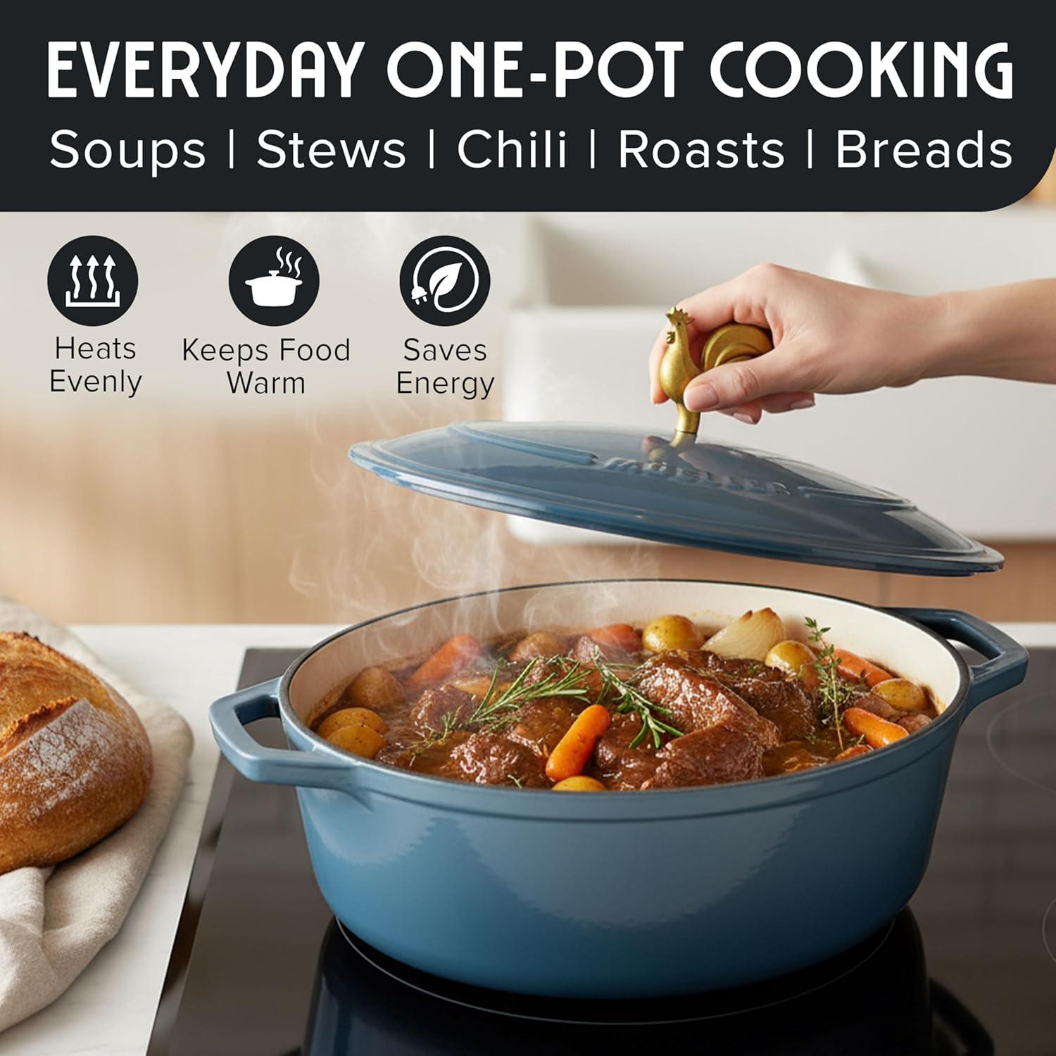 image:imageMUELLER HOME 75 QT Enameled Cast Iron Dutch Oven HeavyDuty OvenSafe up to 500 F amp Across All Cooktops Casserole Dish and Braiser Pan with Lid and Stainless Knob GreyMineral Blue