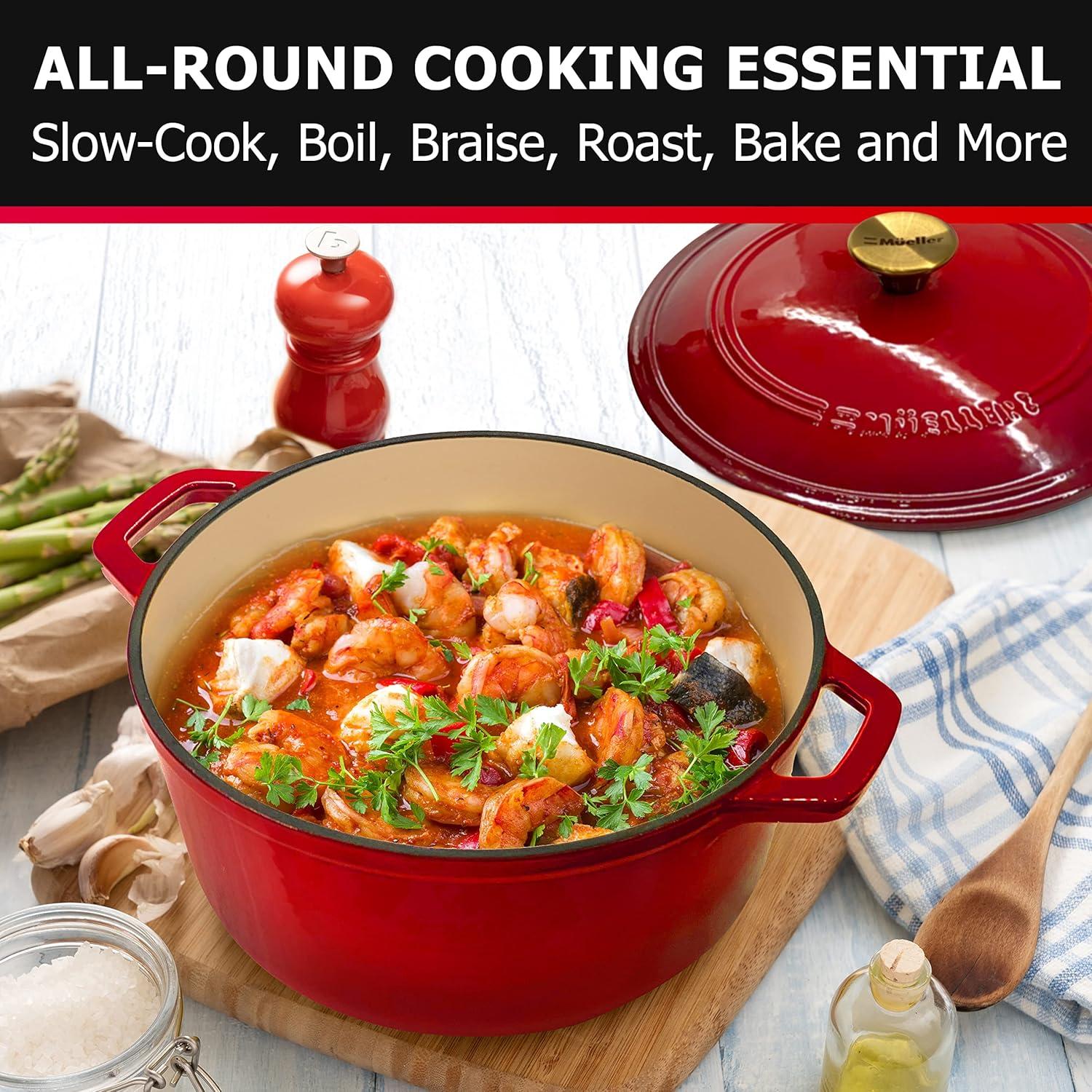 image:imageMUELLER HOME 75 QT Enameled Cast Iron Dutch Oven HeavyDuty OvenSafe up to 500 F amp Across All Cooktops Casserole Dish and Braiser Pan with Lid and Stainless Knob GreyRed
