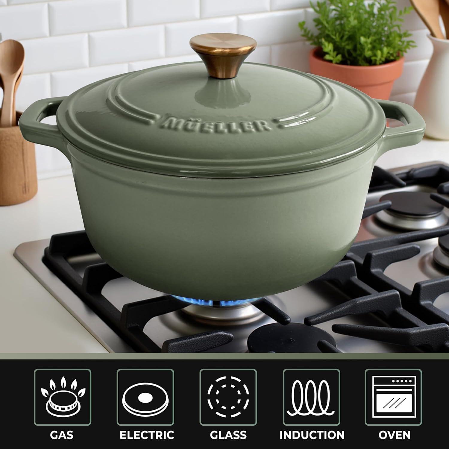 image:imageMUELLER HOME 75 QT Enameled Cast Iron Dutch Oven HeavyDuty OvenSafe up to 500 F amp Across All Cooktops Casserole Dish and Braiser Pan with Lid and Stainless Knob GreyThyme Green