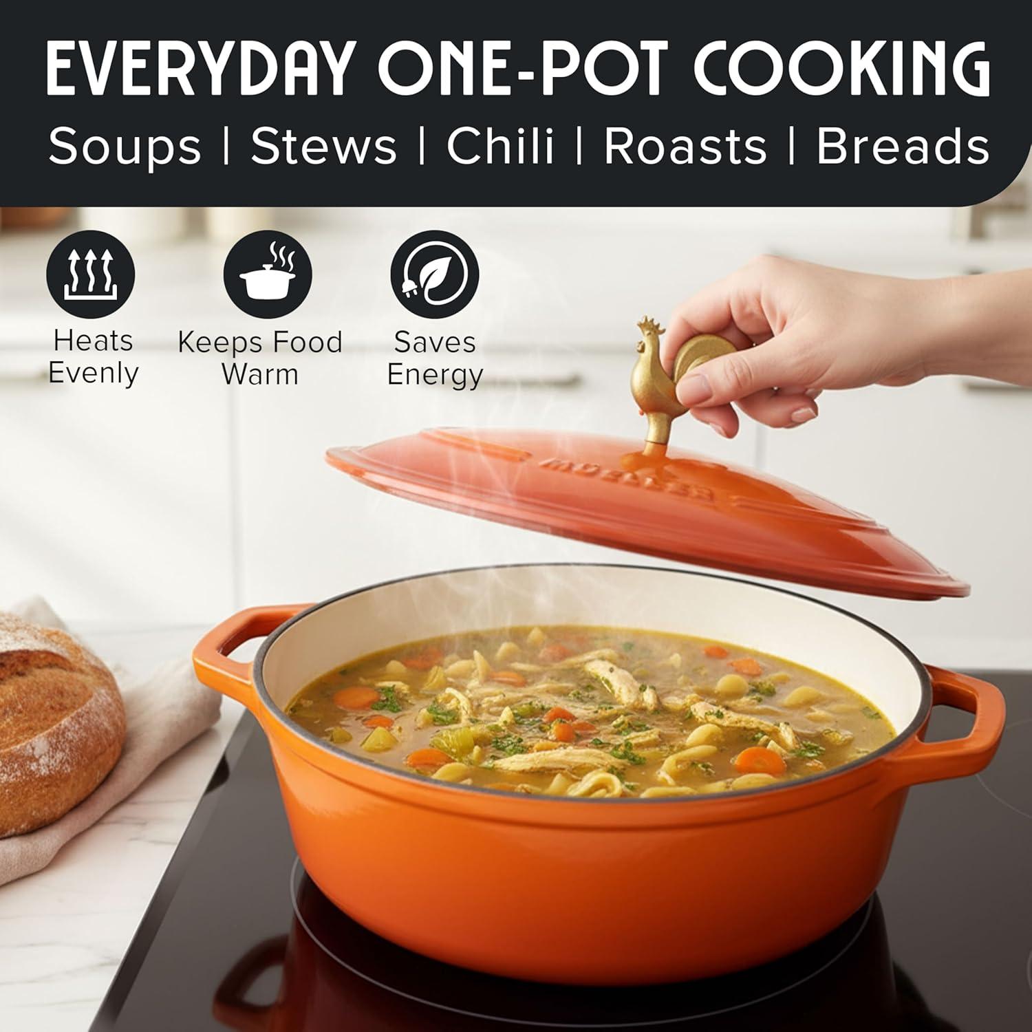 image:imageMUELLER HOME 75 QT Enameled Cast Iron Dutch Oven HeavyDuty OvenSafe up to 500 F amp Across All Cooktops Casserole Dish and Braiser Pan with Lid and Stainless Knob GreyOrange