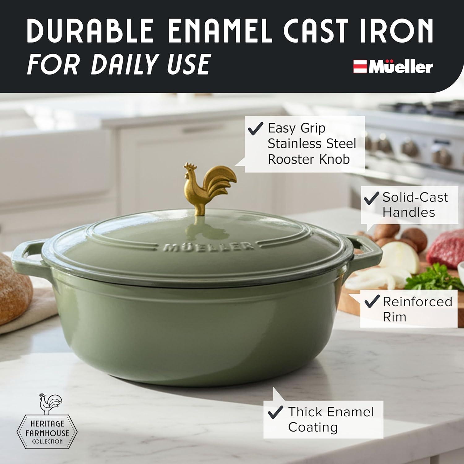 image:imageMUELLER HOME 75 QT Enameled Cast Iron Dutch Oven HeavyDuty OvenSafe up to 500 F amp Across All Cooktops Casserole Dish and Braiser Pan with Lid and Stainless Knob GreyThyme Green