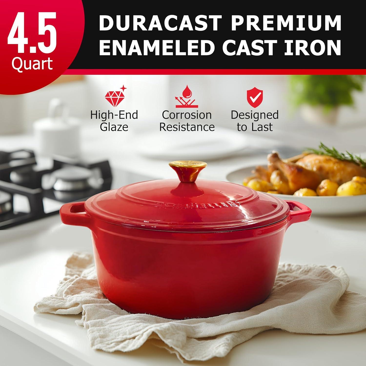 image:imageMUELLER HOME 75 QT Enameled Cast Iron Dutch Oven HeavyDuty OvenSafe up to 500 F amp Across All Cooktops Casserole Dish and Braiser Pan with Lid and Stainless Knob GreyRed