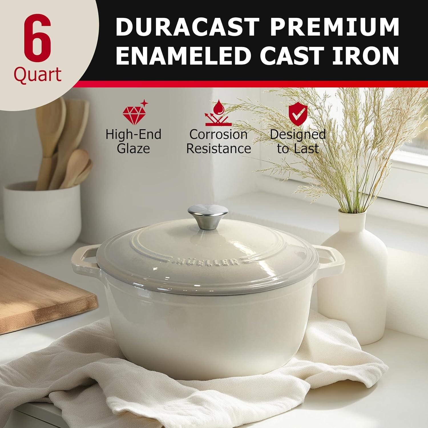 image:imageMUELLER HOME 75 QT Enameled Cast Iron Dutch Oven HeavyDuty OvenSafe up to 500 F amp Across All Cooktops Casserole Dish and Braiser Pan with Lid and Stainless Knob GreyOyster White