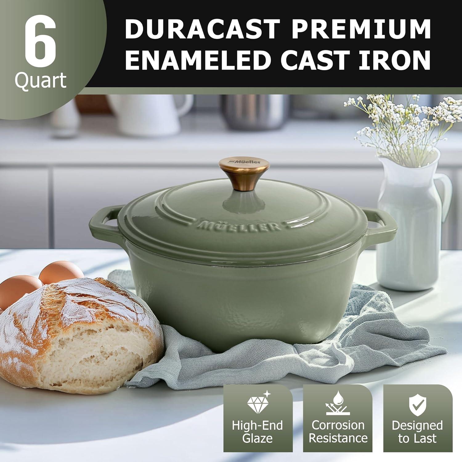 image:imageMUELLER HOME 75 QT Enameled Cast Iron Dutch Oven HeavyDuty OvenSafe up to 500 F amp Across All Cooktops Casserole Dish and Braiser Pan with Lid and Stainless Knob GreyThyme Green