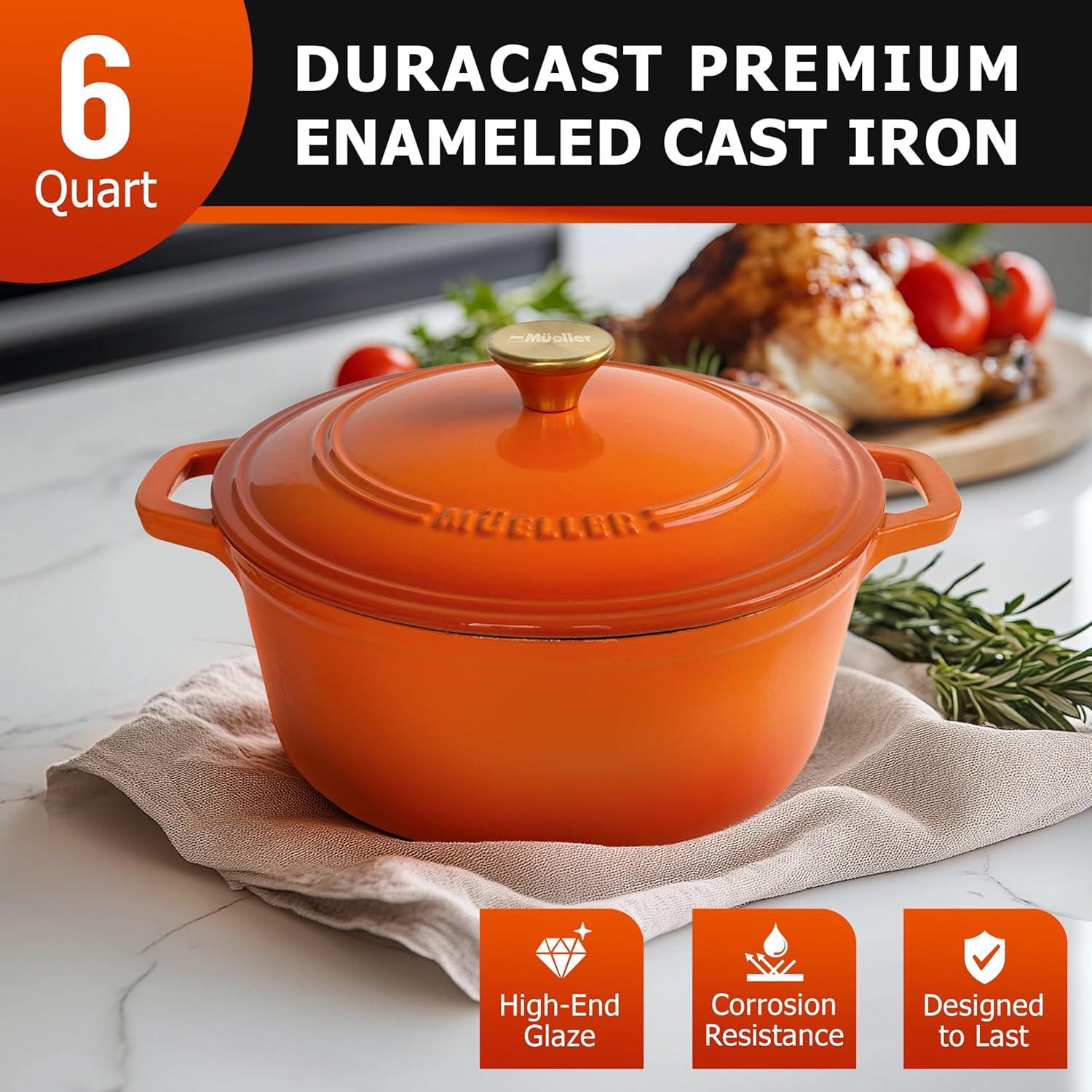 image:imageMUELLER HOME 75 QT Enameled Cast Iron Dutch Oven HeavyDuty OvenSafe up to 500 F amp Across All Cooktops Casserole Dish and Braiser Pan with Lid and Stainless Knob GreyOrange