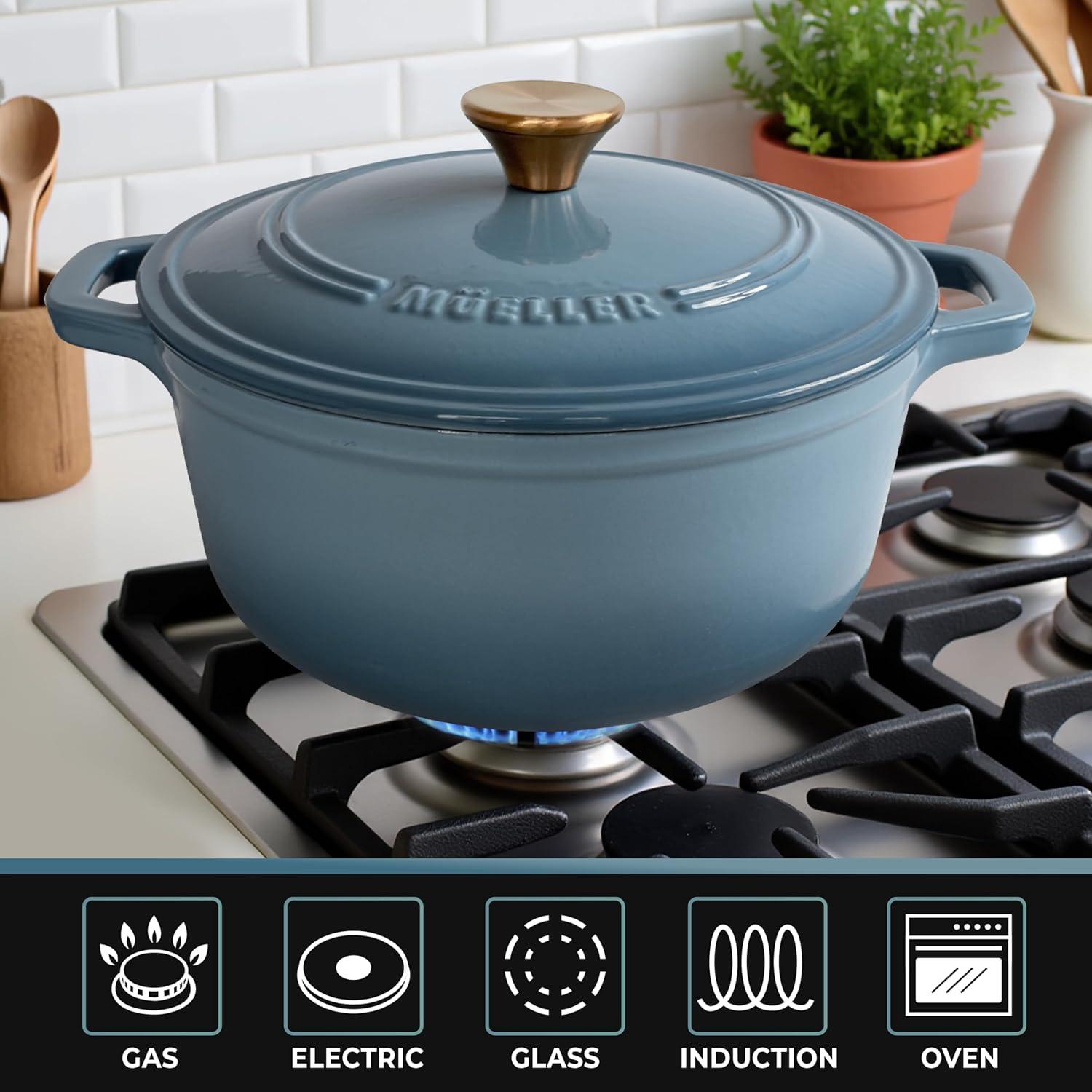 image:imageMUELLER HOME 75 QT Enameled Cast Iron Dutch Oven HeavyDuty OvenSafe up to 500 F amp Across All Cooktops Casserole Dish and Braiser Pan with Lid and Stainless Knob GreyMineral Blue