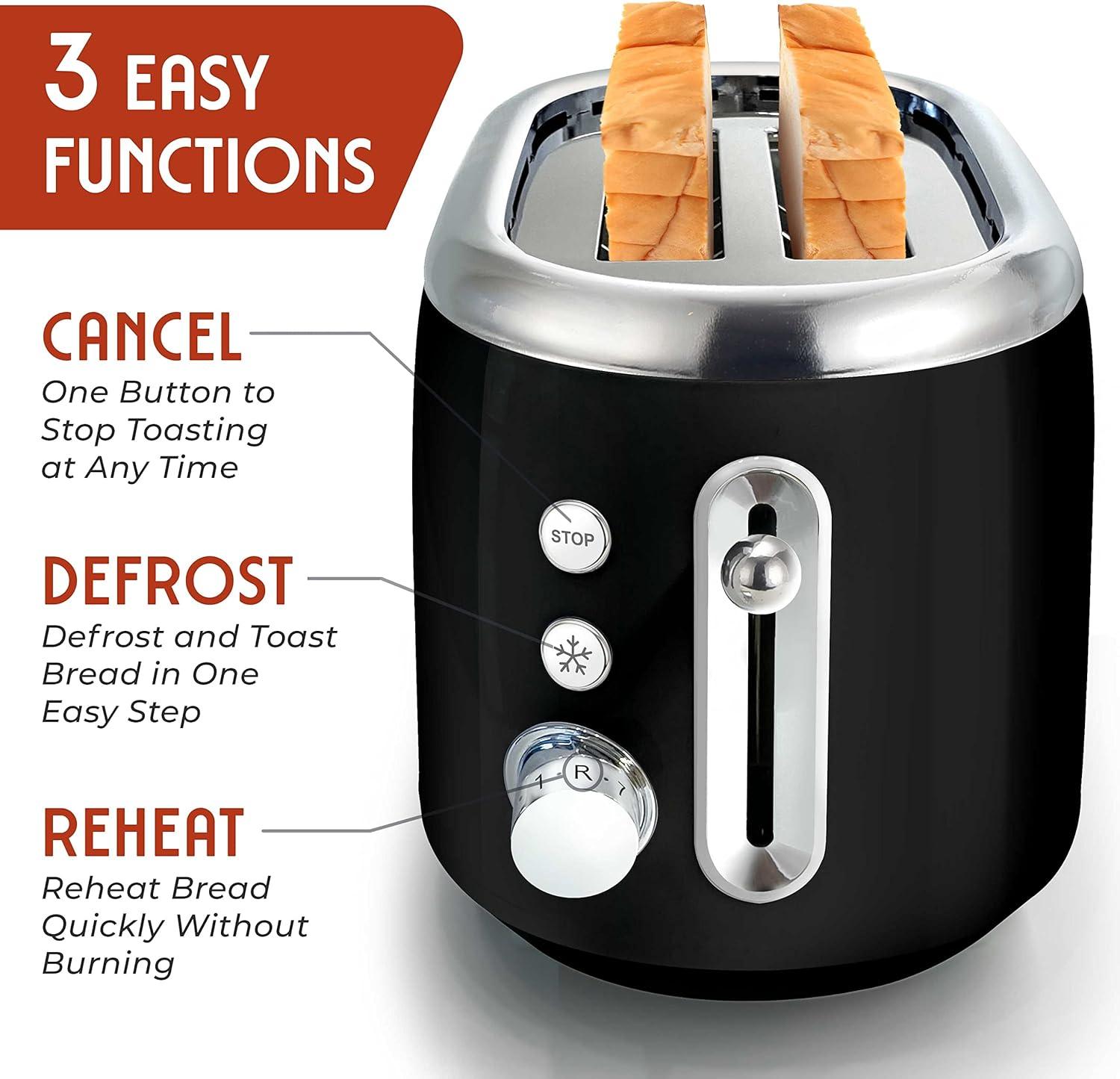image:imageMUELLER HOME Retro Toaster 2 Slice 7 Browning Levels 3 Functions Reheat Defrost Cancel Stainless Steel Features Removable Crumb Tray Under Base Cord Storage BlackBlack